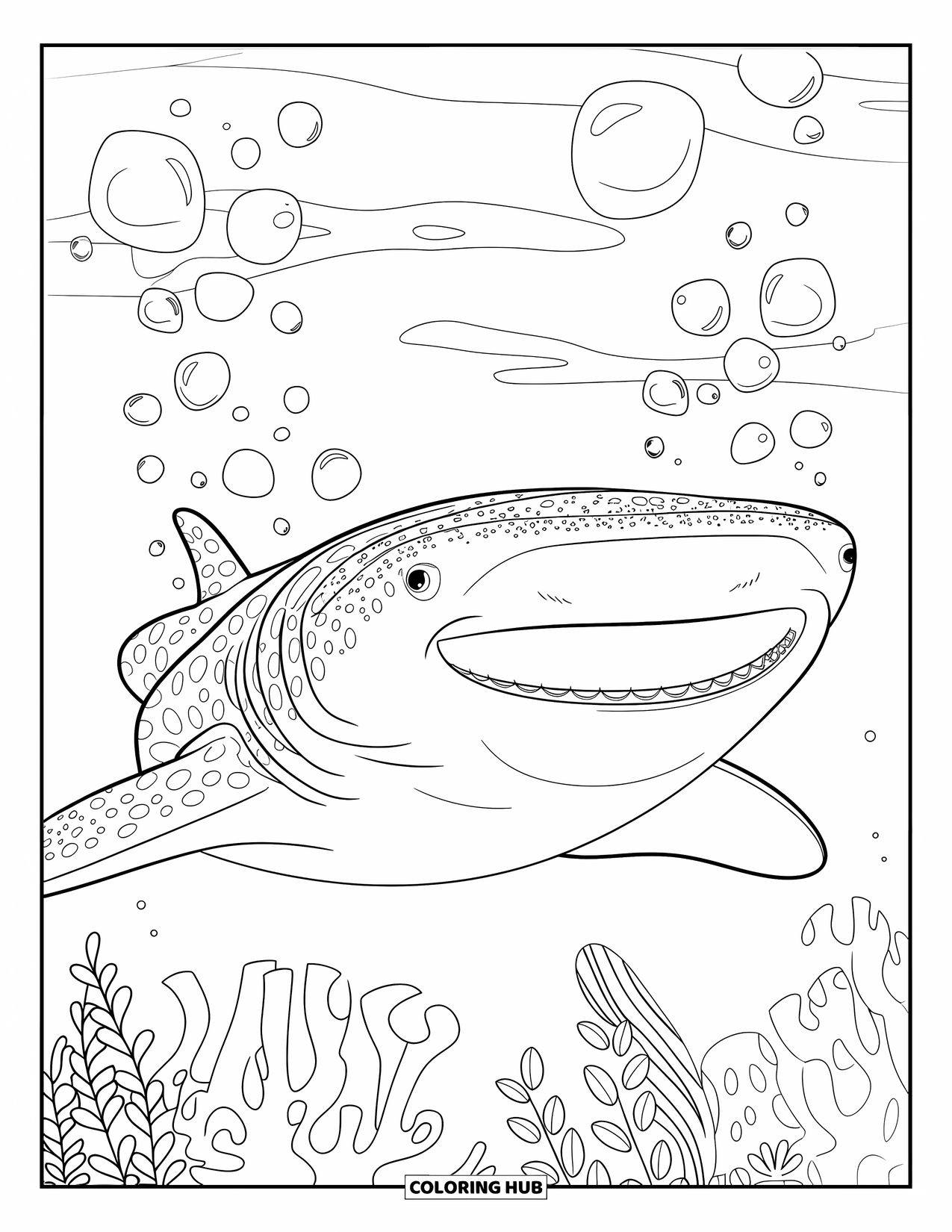 Whale Shark Coloring Page for Adults: Shark with patterned skin surrounded by bubbles and coral