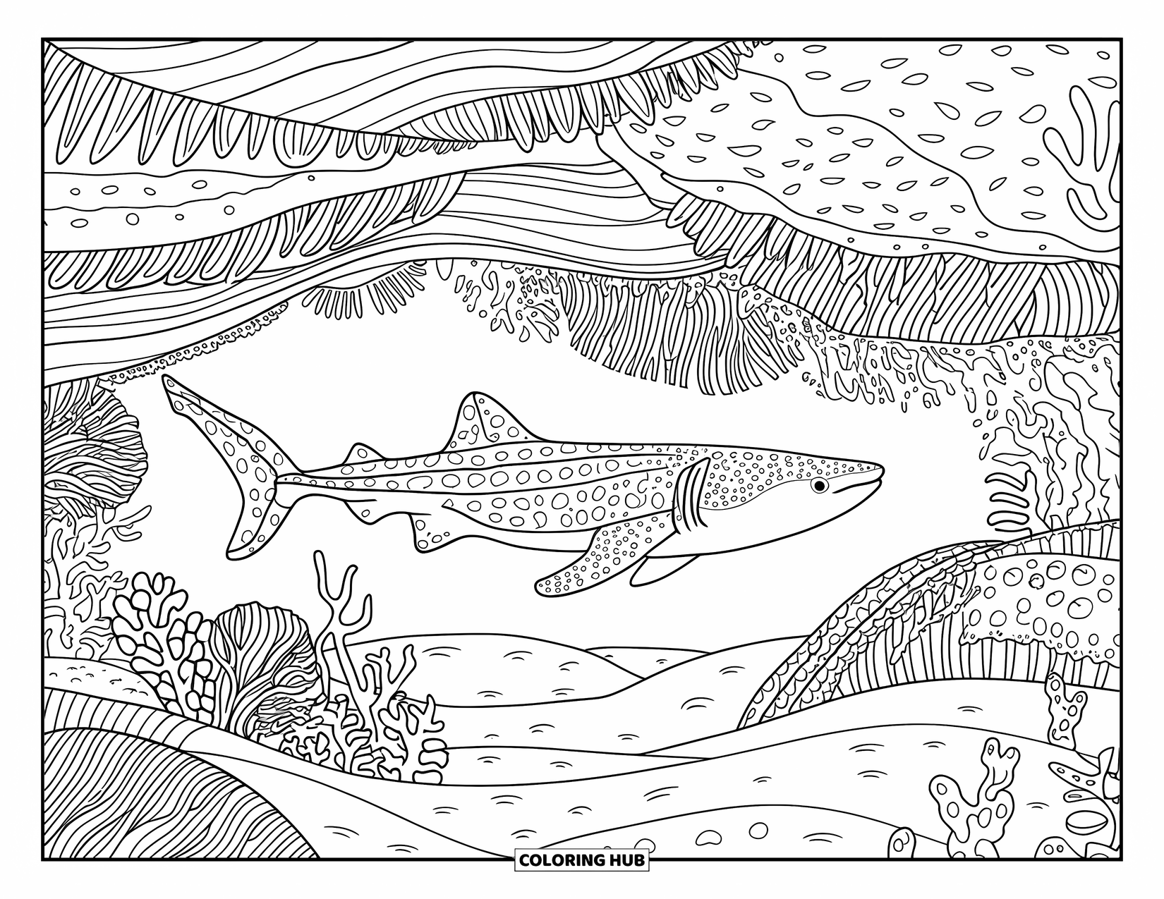 Whale Shark Coloring Page for Adults: Whale shark drifts above sand, rocks, and intricate underwater plants