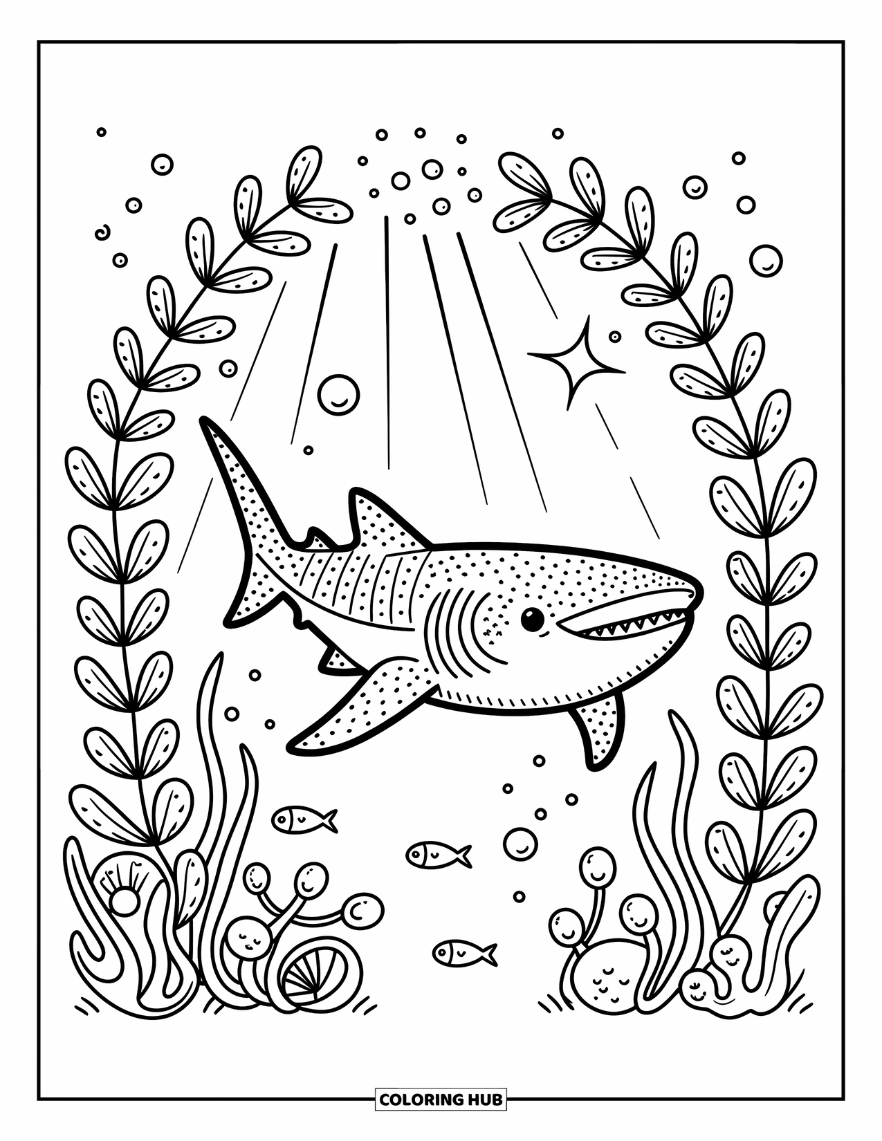 Whale Shark Coloring Page for Adults: Whale shark floats by seaweed and anemones under sunlit waves