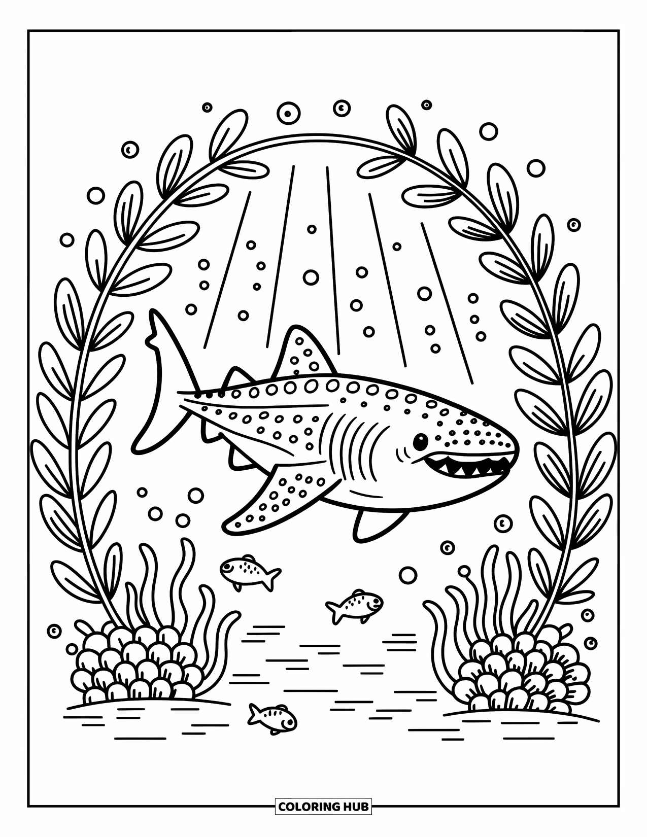 Whale Shark Coloring Page for Adults: Whale shark floats near a seaweed arch with bubbles and tiny fish