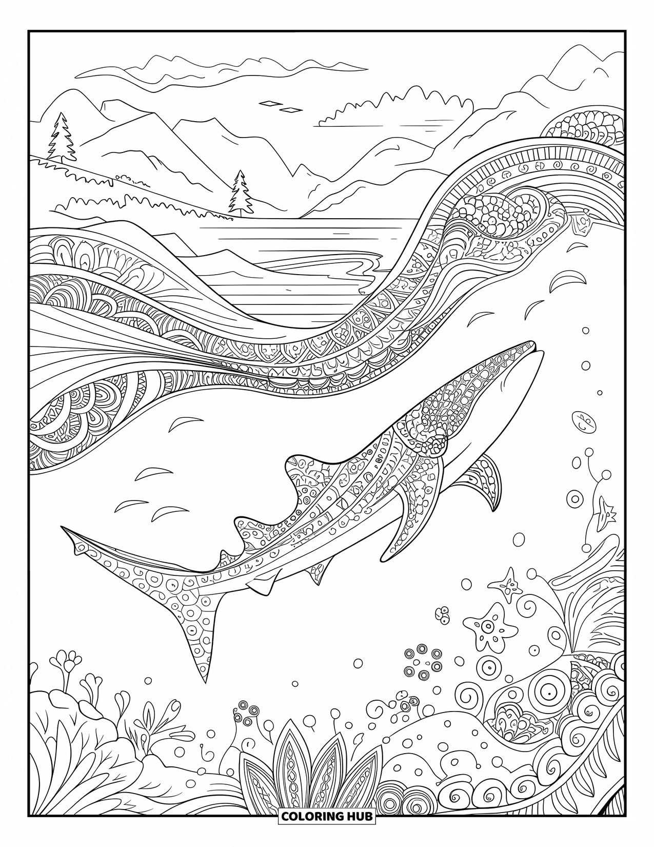Whale Shark Coloring Page for Adults: Whale shark glides through ocean waves with mandala designs
