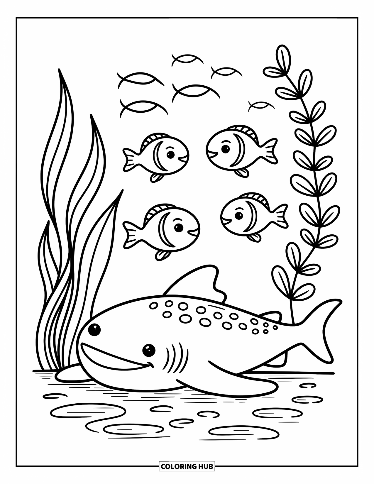 Whale Shark Coloring Page for Adults: Whale shark relaxes in seagrass as fish and kelp sway around it
