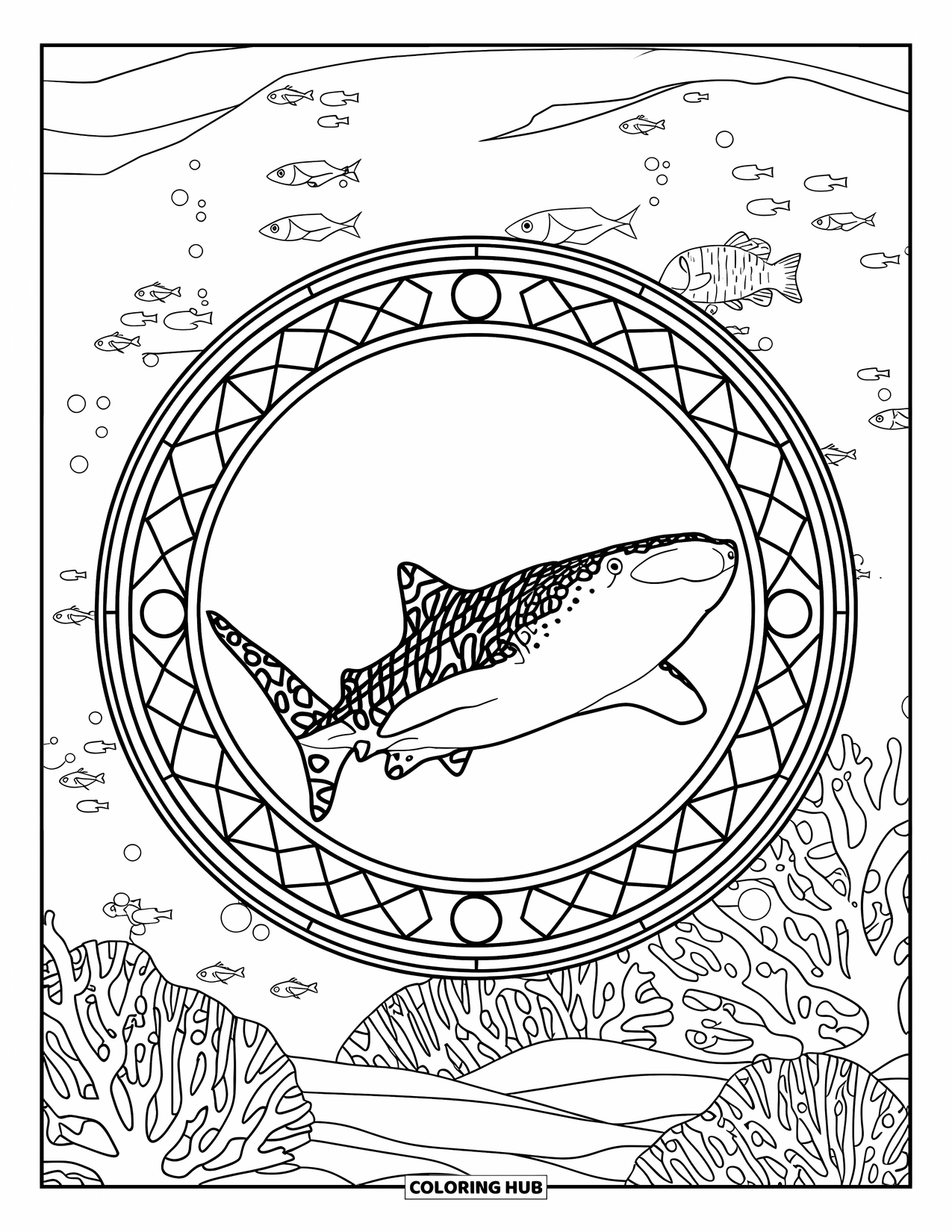 Whale Shark Coloring Page for Adults: Whale shark rests in a stained glass-style circle with coral