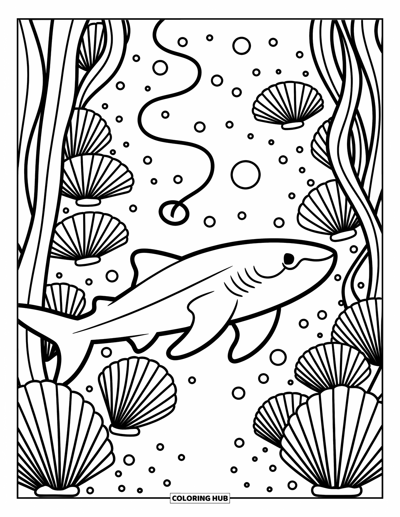Whale Shark Coloring Page for Adults: Whale shark swims through kelp and coral with bubbles trailing behind