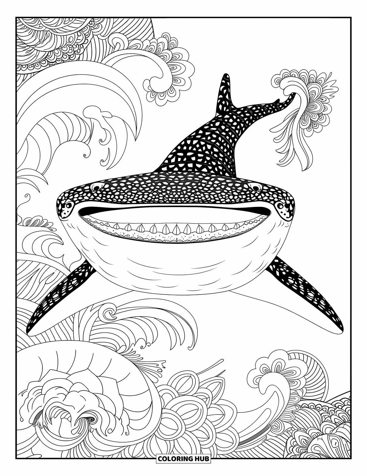 Whale Shark Coloring Page for Adults: Whale shark with open mouth swims through floral mandala waves