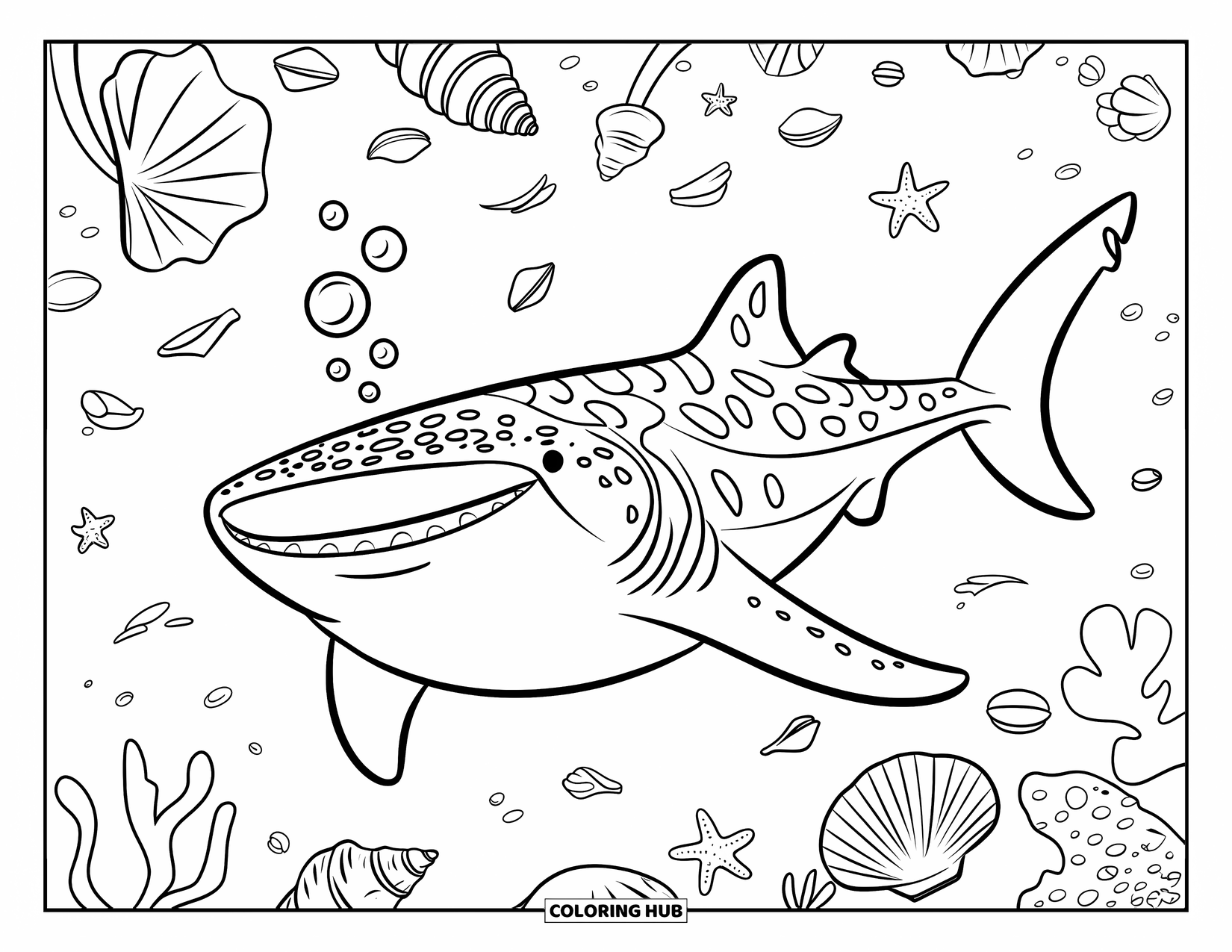 Whale Shark Coloring Page for Kids: Bubbly whale shark swims slowly over seashells, coral, and starfish