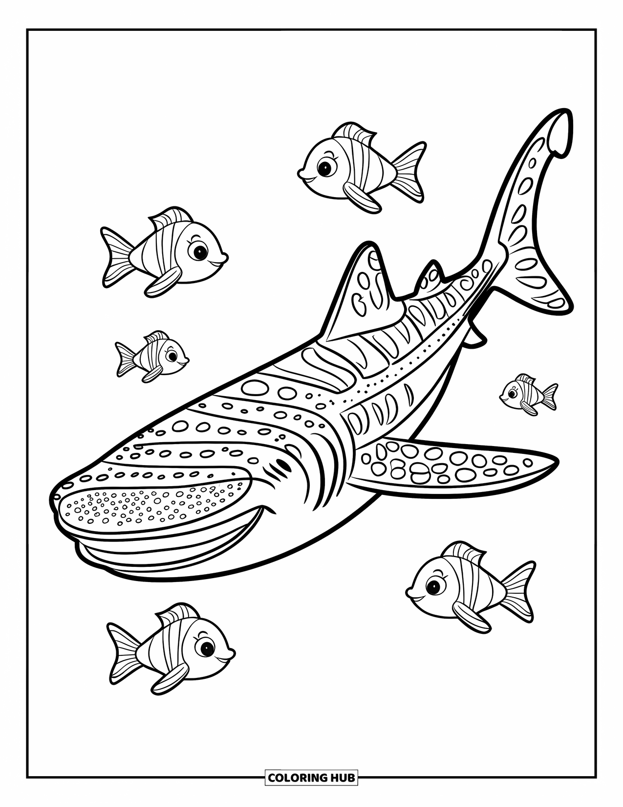 Whale Shark Coloring Page for Kids: Cute whale shark with dotted pattern swims with five little fish
