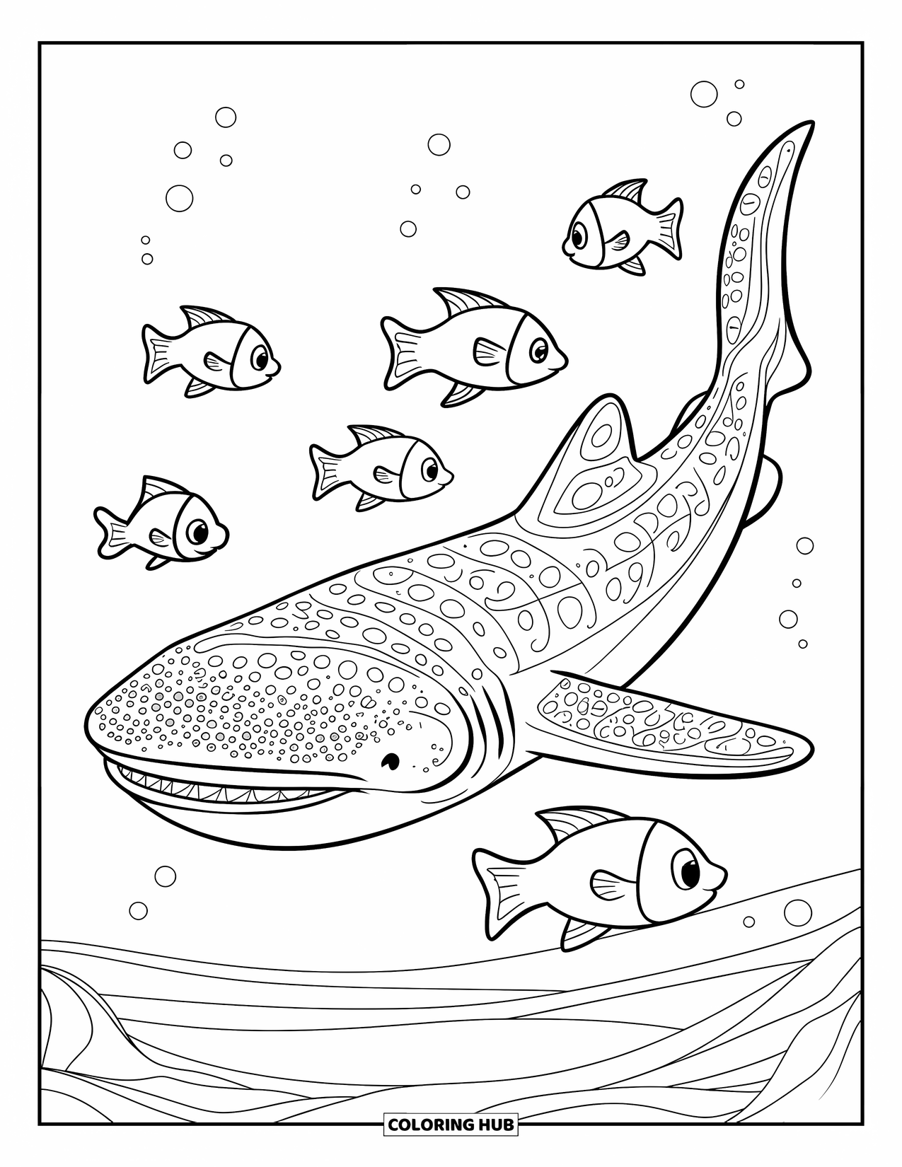 Whale Shark Coloring Page for Kids: Dotted whale shark swims with five fish in a light ocean scene