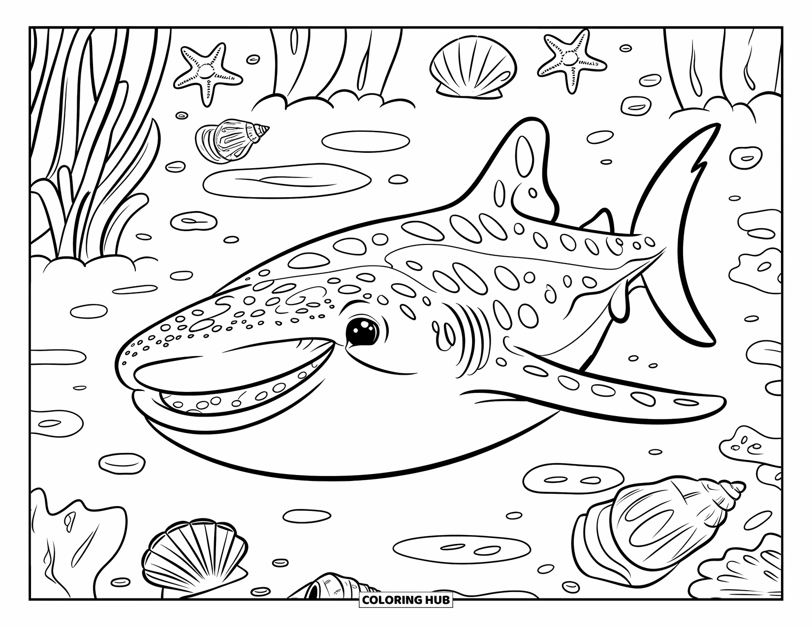 Whale Shark Coloring Page for Kids: Friendly whale shark floats above a colorful mix of shells and coral
