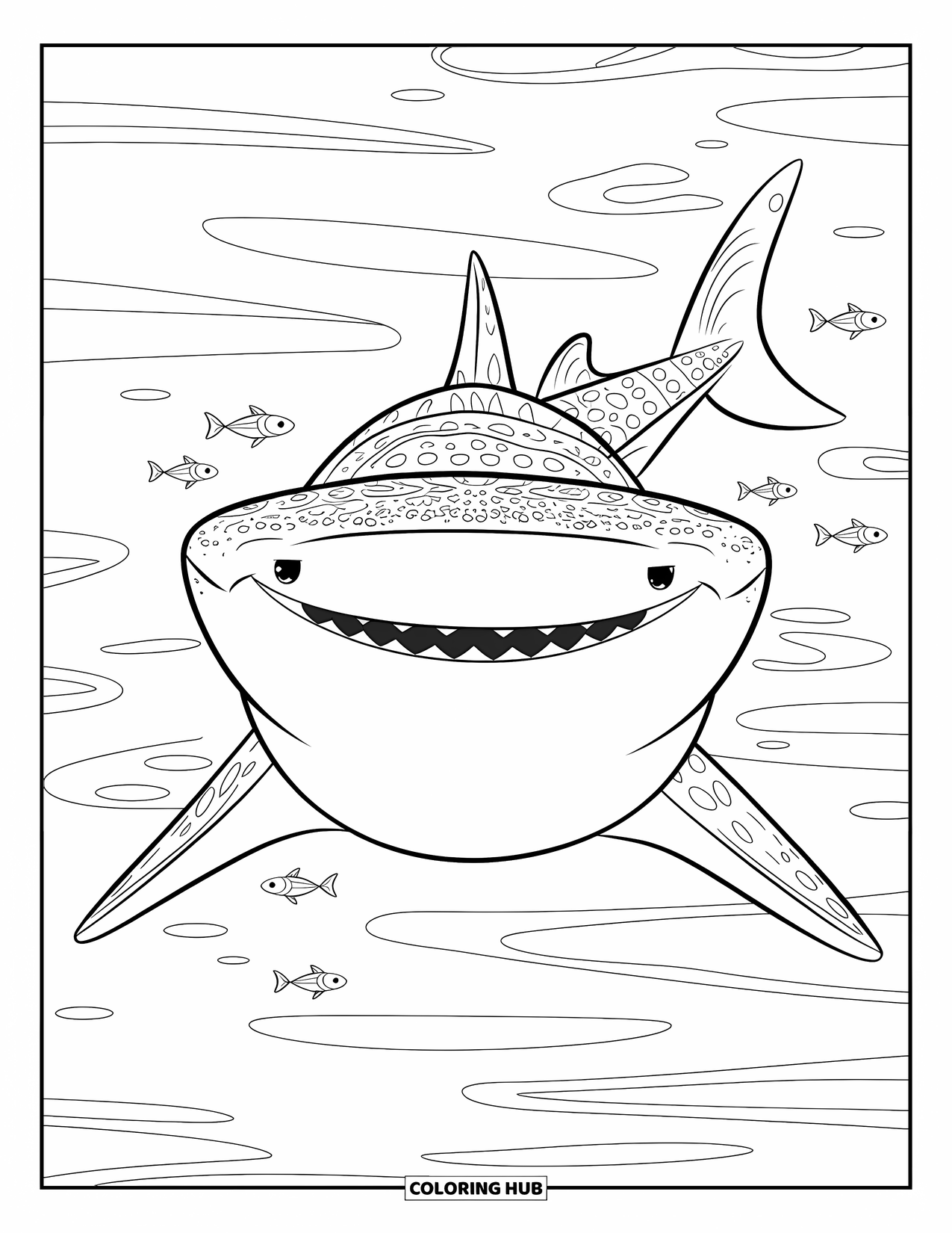 Whale Shark Coloring Page for Kids: Front-facing whale shark grins with fish and gentle ocean waves