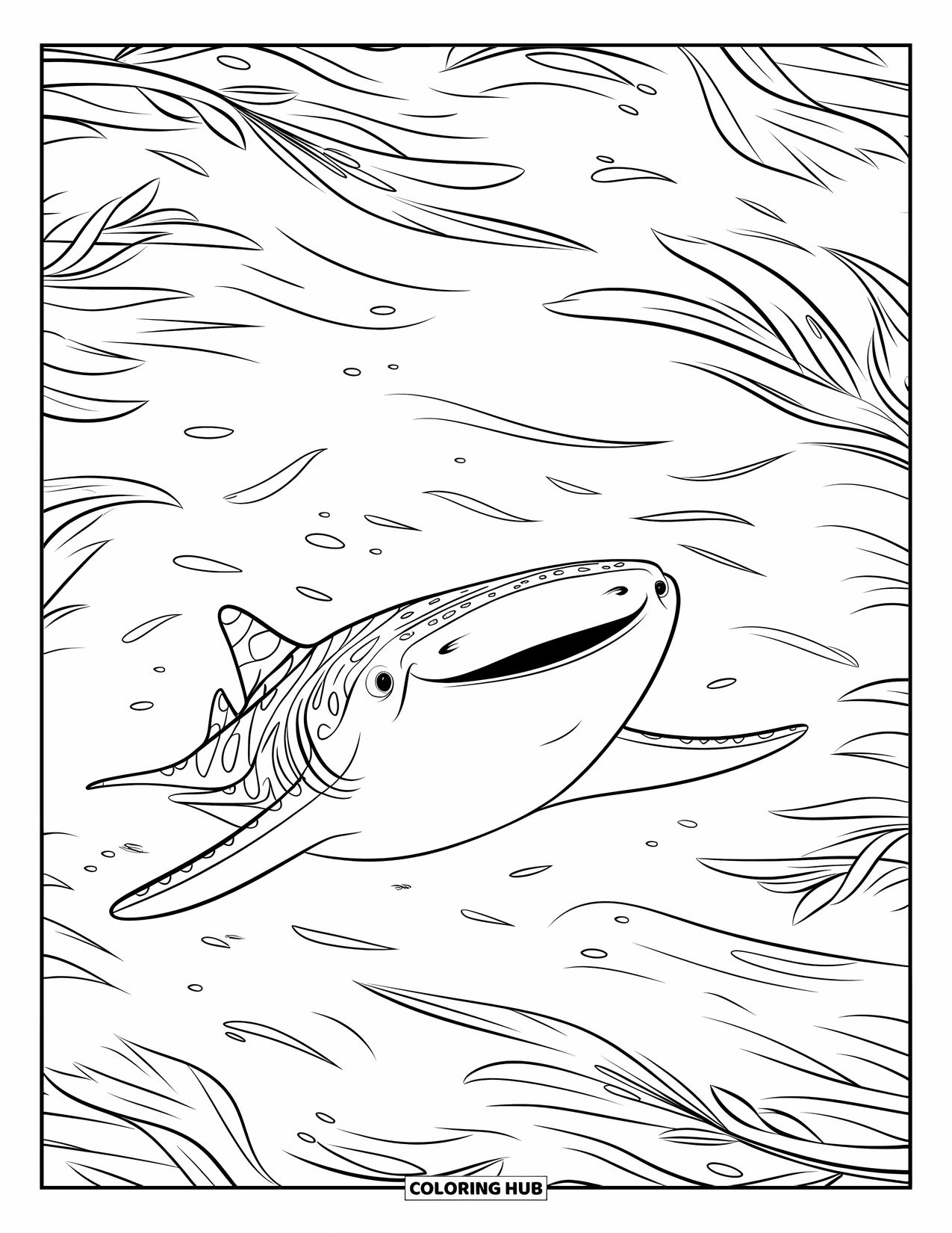 Whale Shark Coloring Page for Kids: Gentle whale shark swims past swaying kelp and calm waves