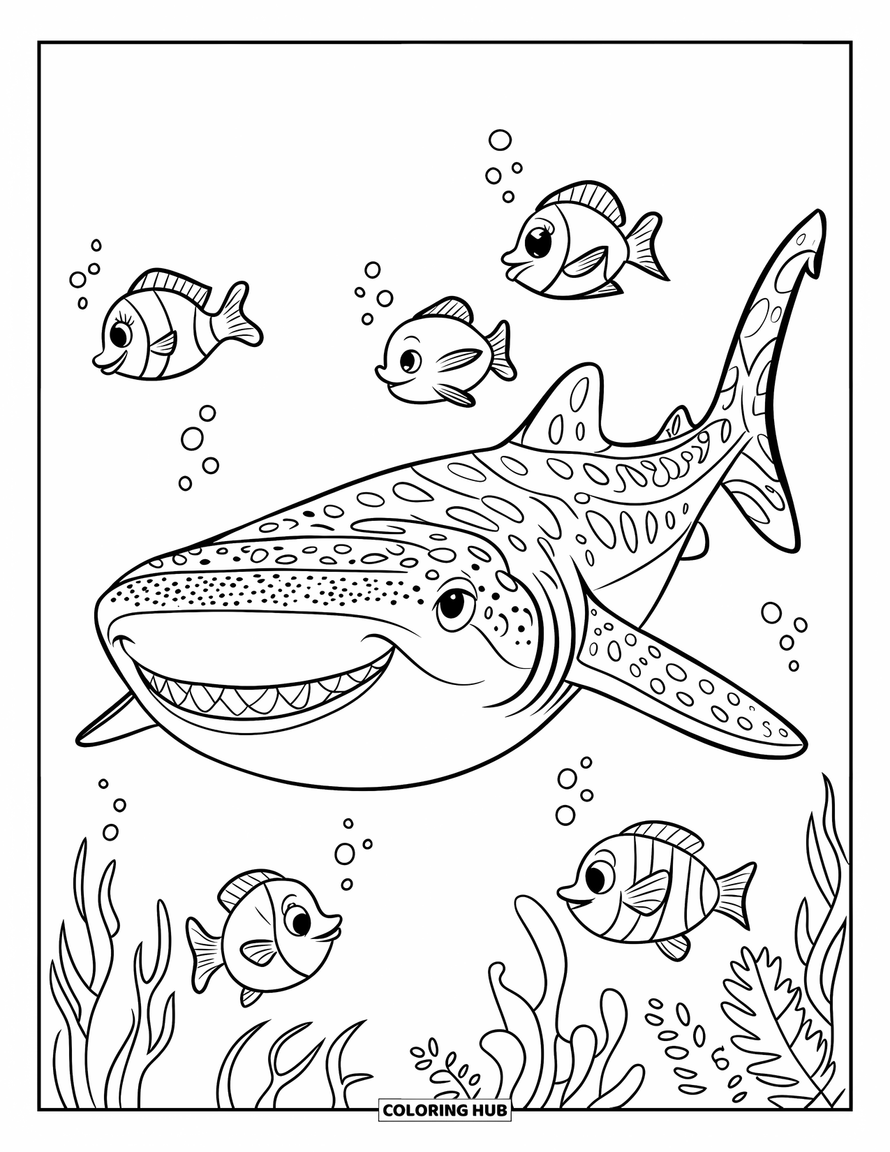 Whale Shark Coloring Page for Kids: Happy whale shark with five tiny fish swims in deep blue sea