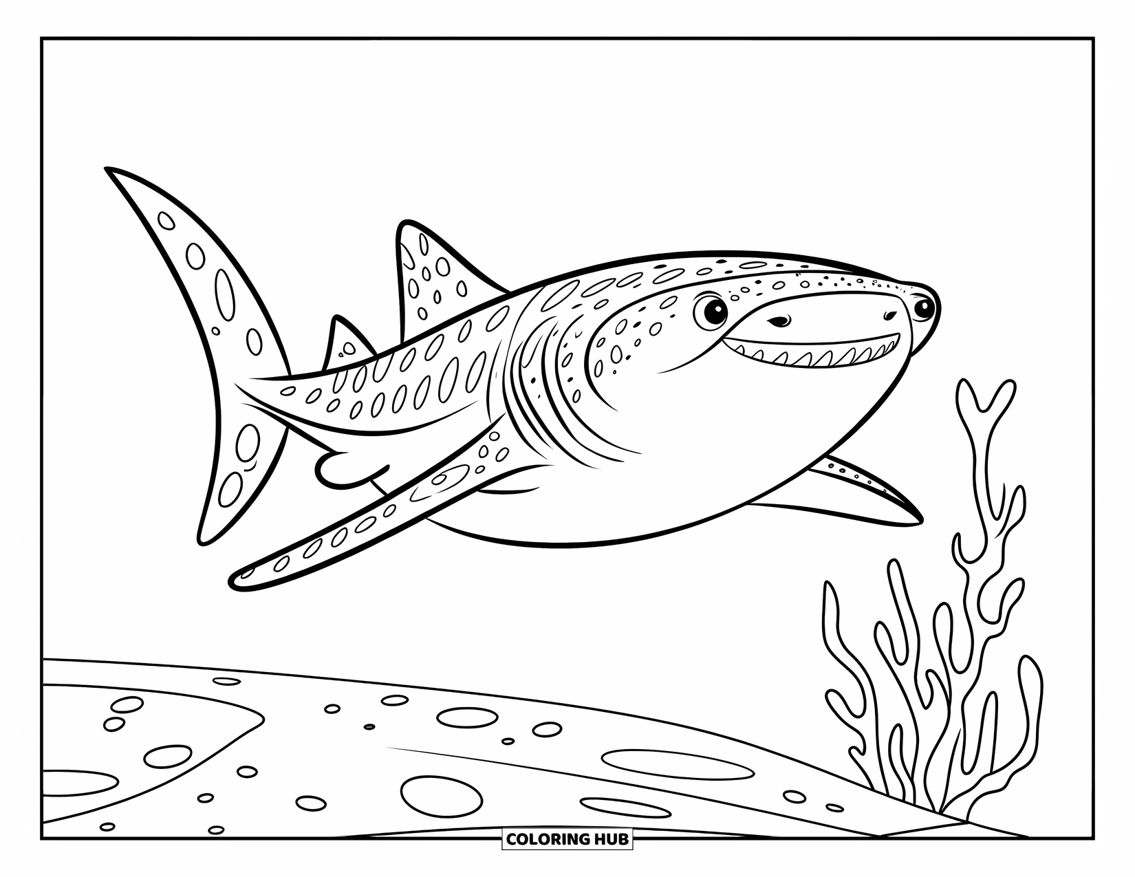 Whale Shark Coloring Page for Kids: Playful whale shark swims beside a sea plant in calm water