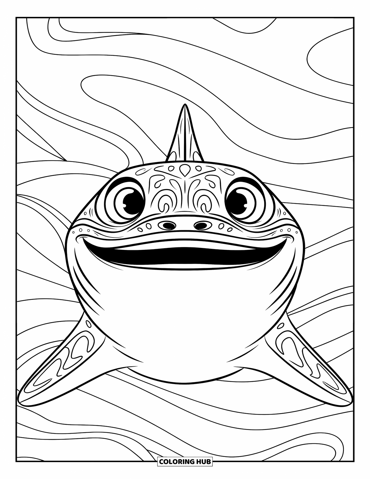 Whale Shark Coloring Page for Kids: Smiling whale shark faces forward with playful waves behind