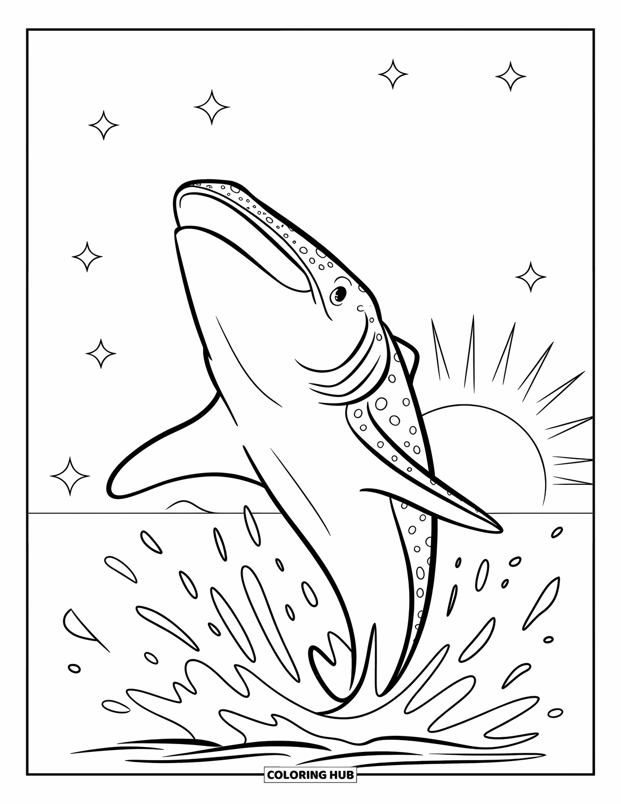 Whale Shark Coloring Page for Kids: Smiling whale shark leaps from water with sunset and stars above