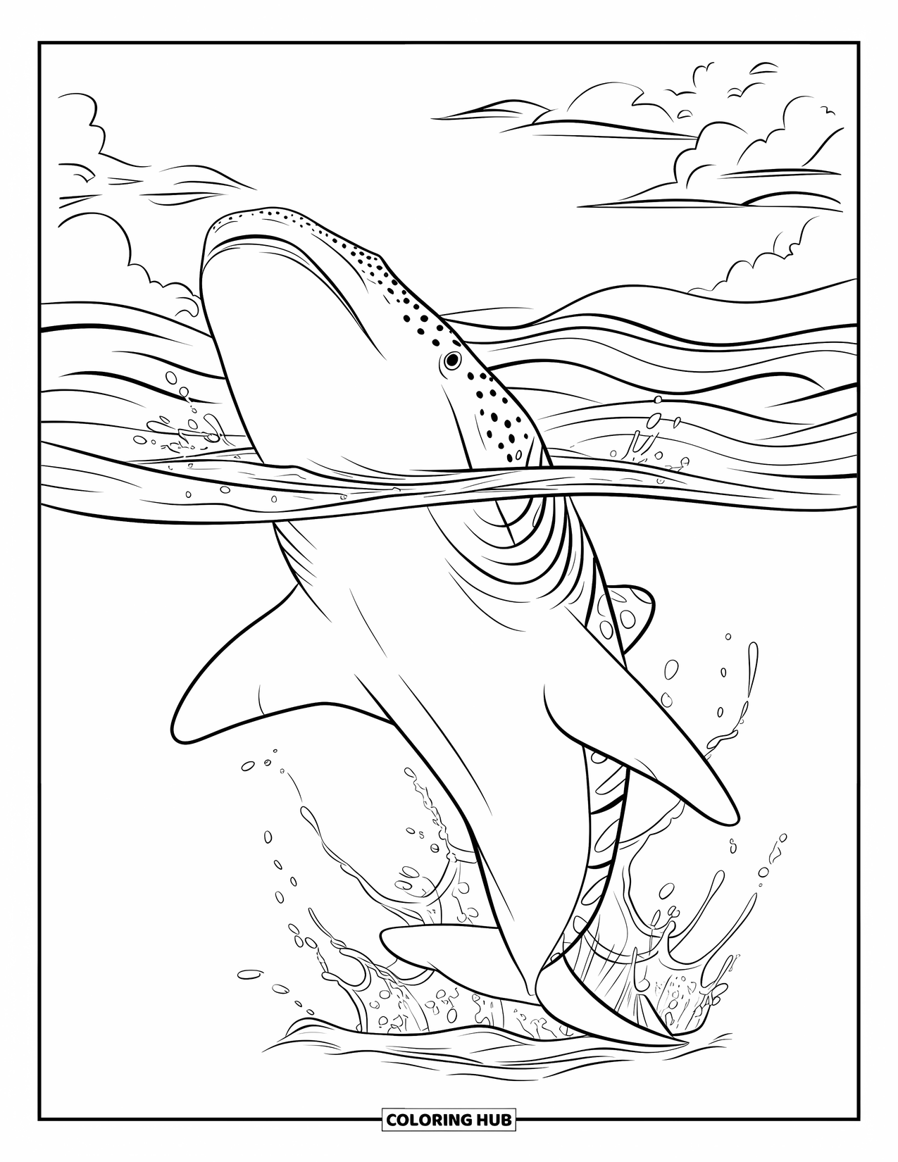 Whale Shark Coloring Page for Kids: Whale shark breaches waves under clouds and a sunny sky