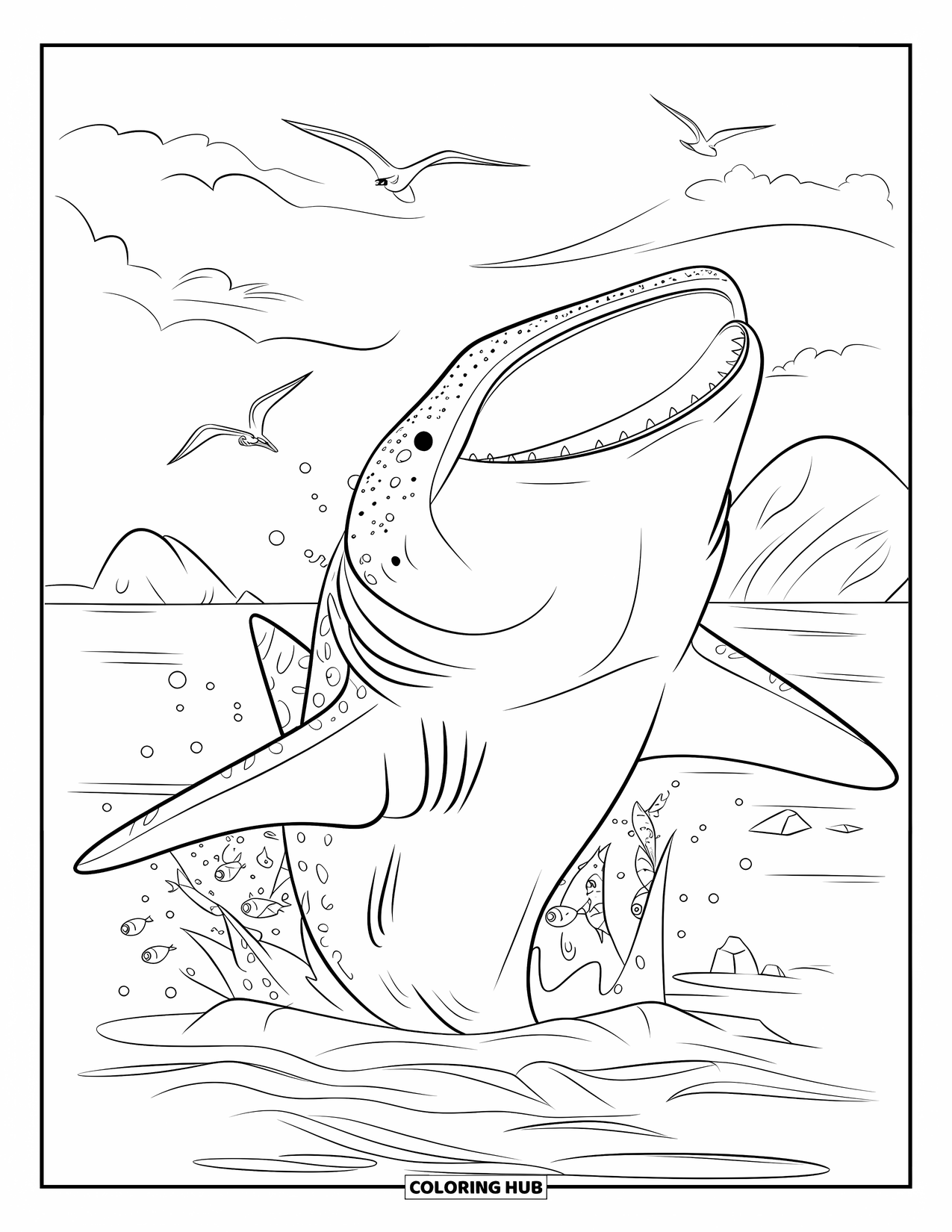 Whale Shark Coloring Page for Kids: Whale shark leaps from water with fish in its open mouth
