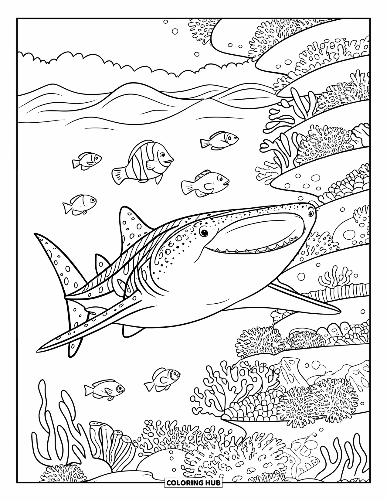 Whale Shark Coloring Page for Kids: Whale shark swims above coral with clownfish, tang, and wrasse