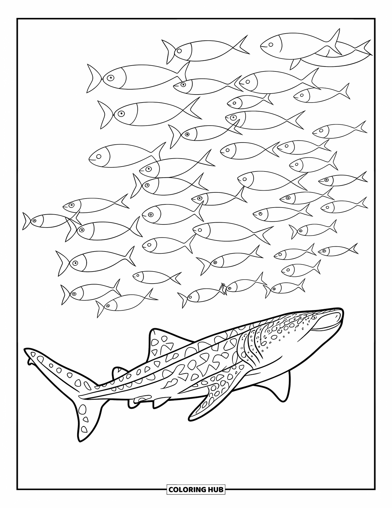 Whale Shark Coloring Page for Kids: Whale shark swims under fish forming hearts and stars
