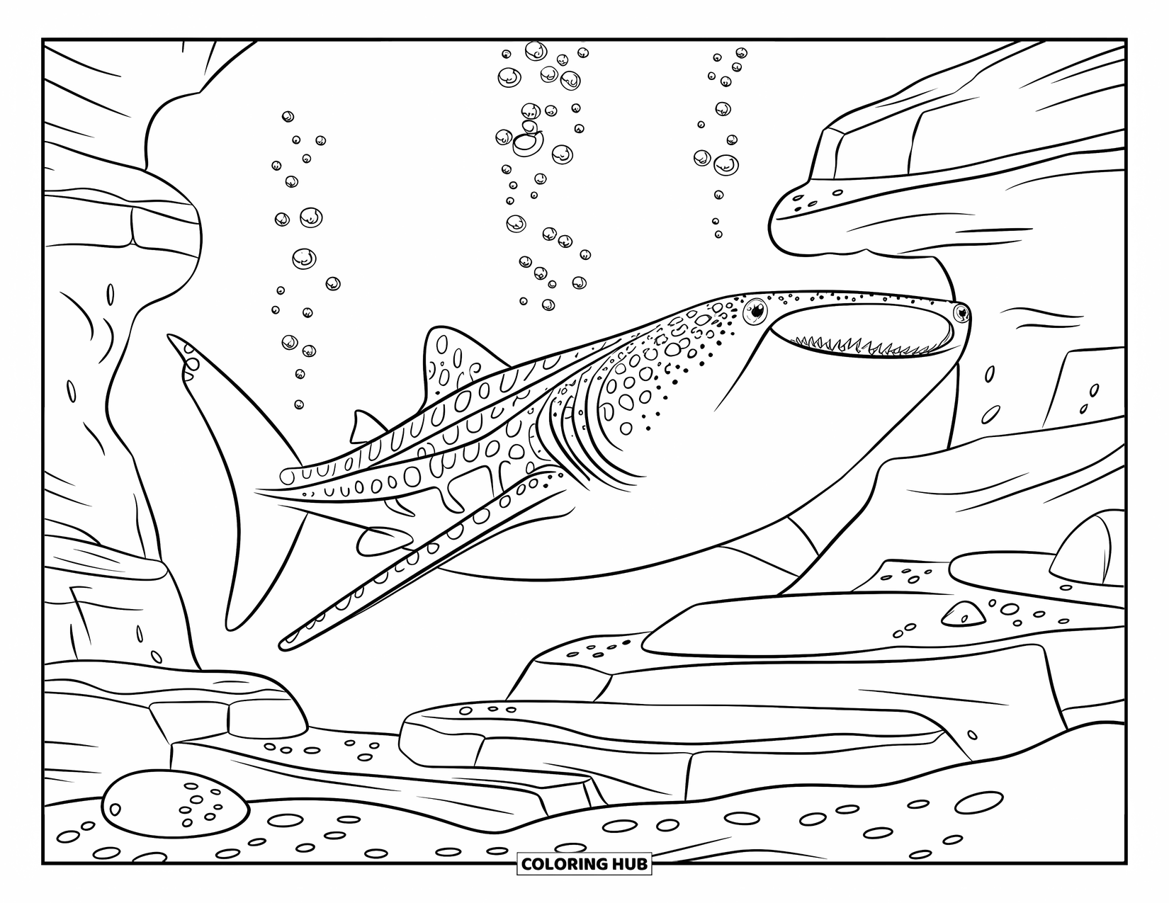 Whale Shark Coloring Page for Kids: Whale shark with sharp teeth glides over rocky ocean floor
