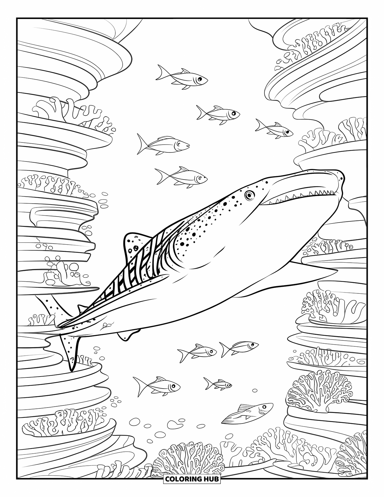 Whale Shark Coloring Page for Kids: Whale shark with sharp teeth swims over coral and schools of fish