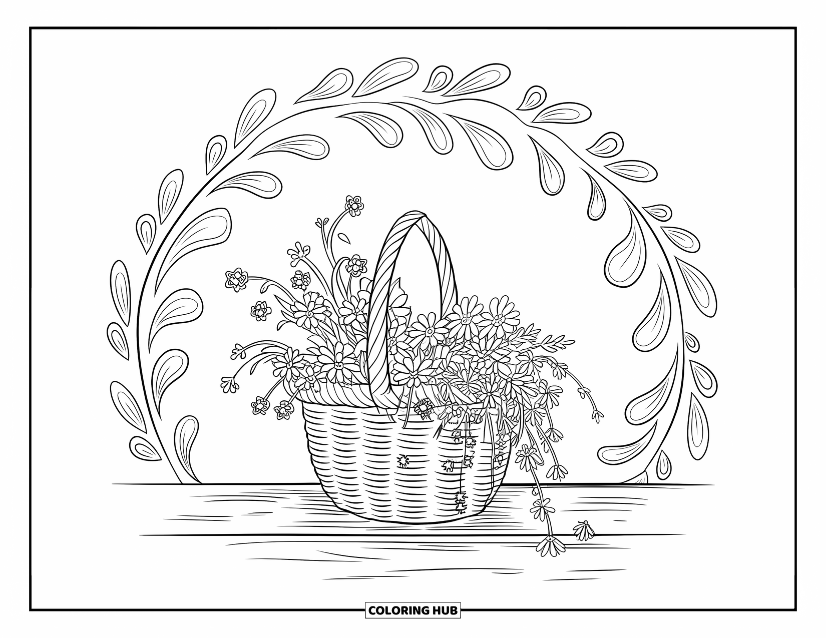 Wildflower Coloring Page for Adults: Basket of wildflowers sits on wood, framed by swirling plant designs