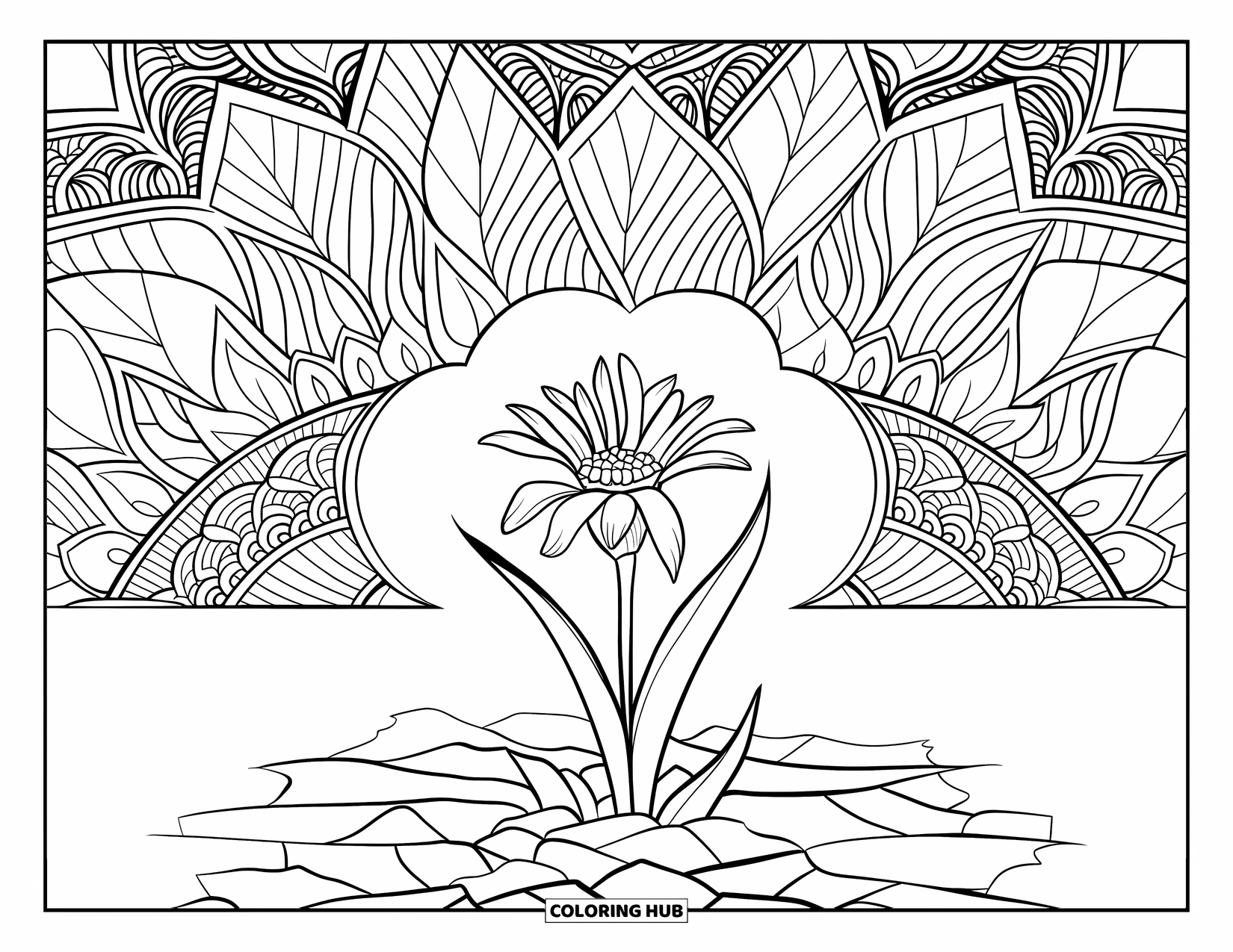 Wildflower Coloring Page for Adults: Blooming flower emerges from soil cracks, framed by leaf mandalas