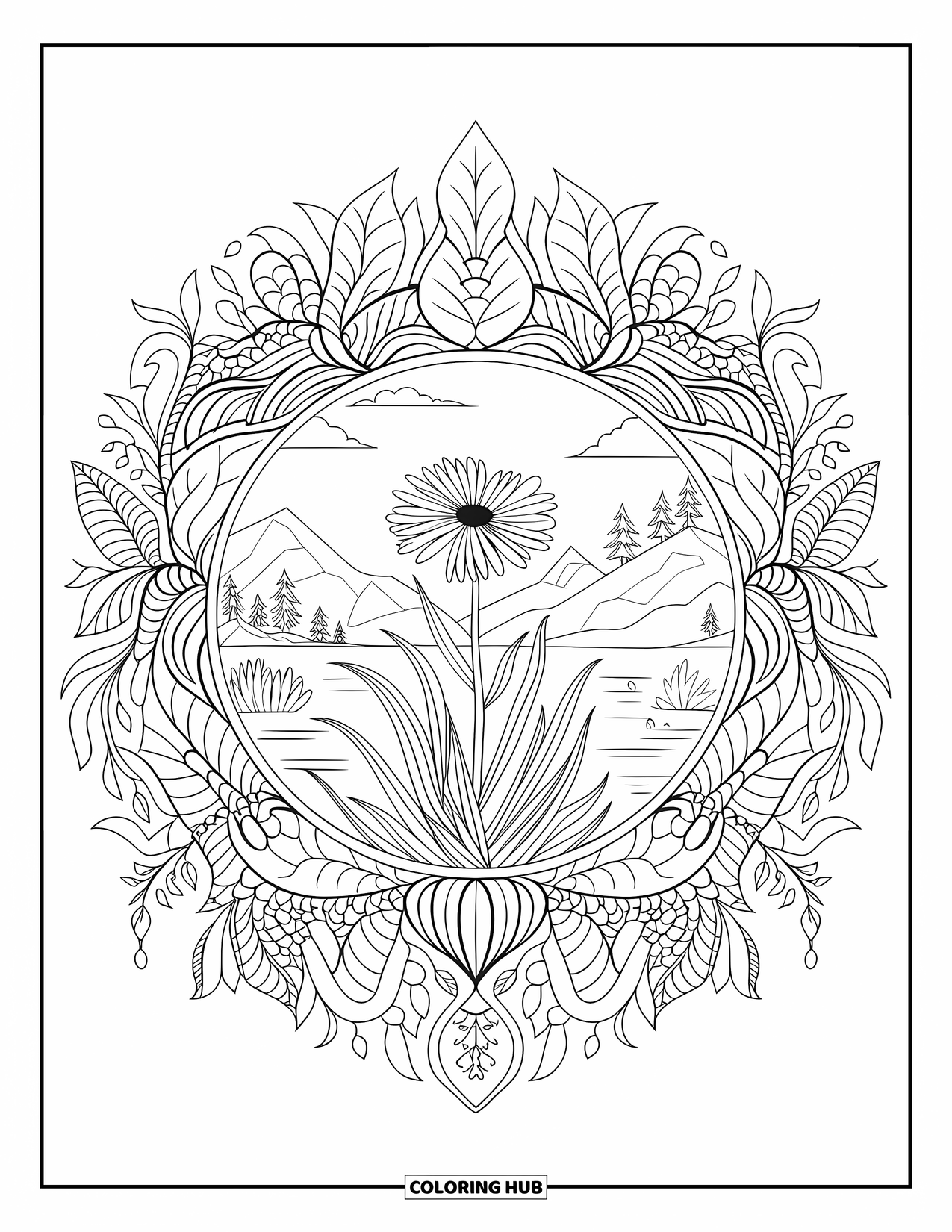 Wildflower Coloring Page for Adults: Central wildflower surrounded by mandala with mountains and trees behind