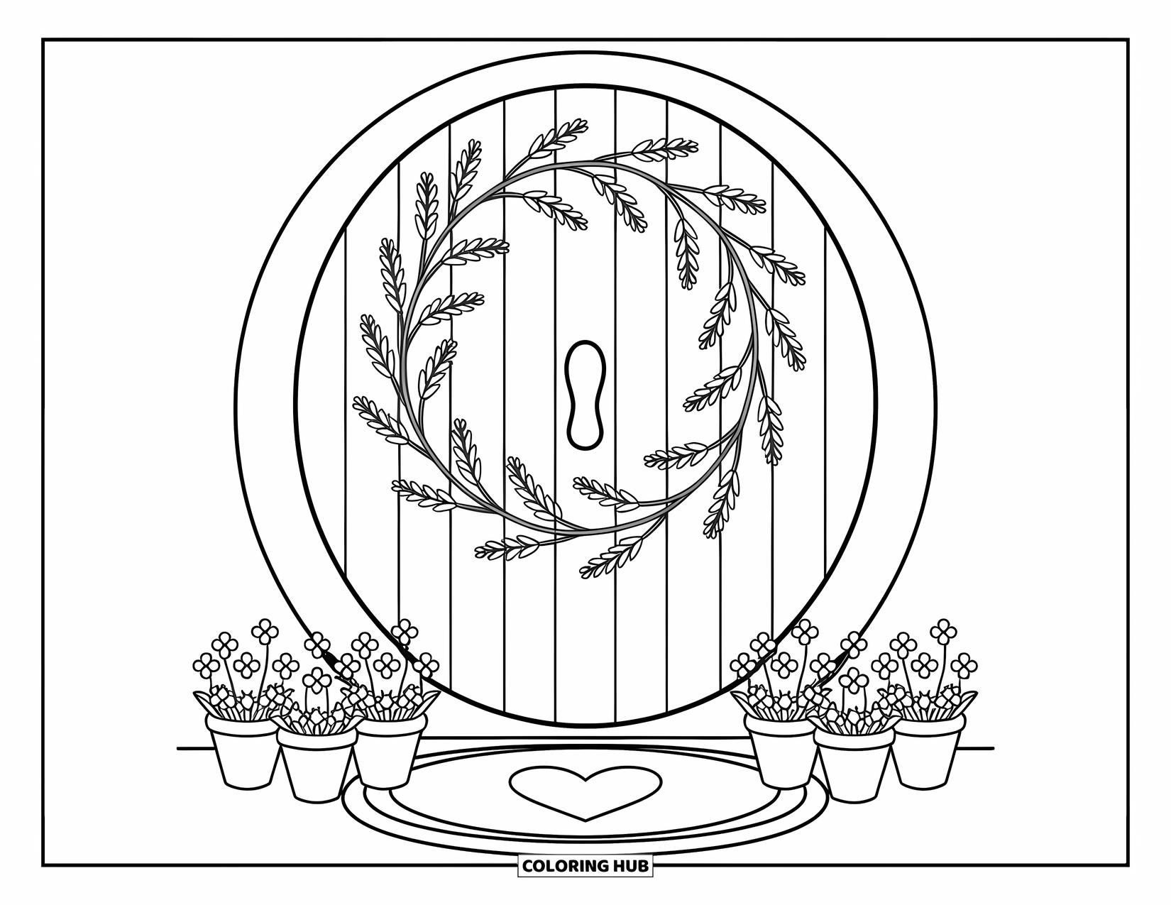 Wildflower Coloring Page for Adults: Door with a spiraled wreath and blooming pots beside a heart-shaped welcome mat