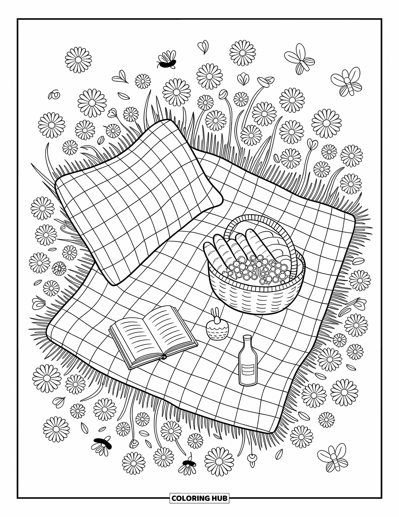 Wildflower Coloring Page for Adults: Gingham picnic setup with wildflowers, bread, berries, and fluttering bees and butterflies