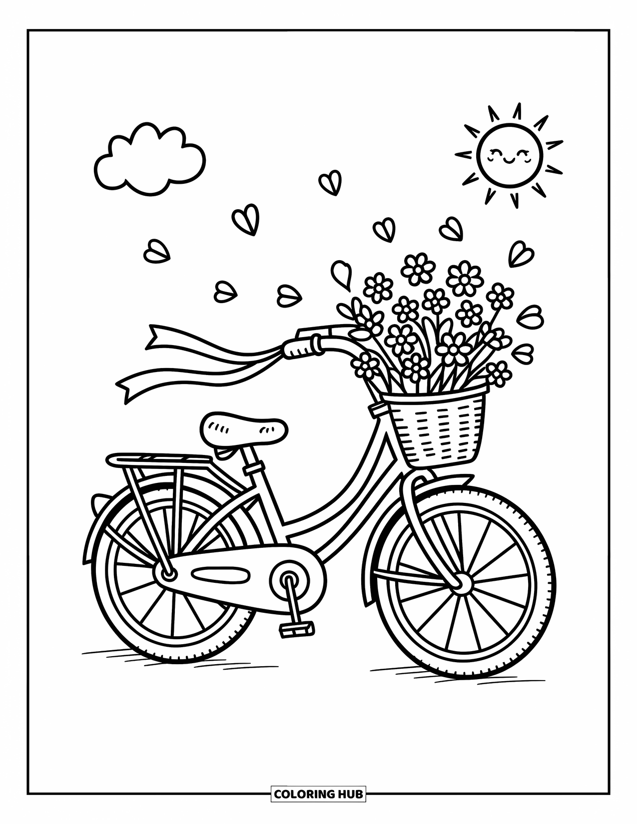 Wildflower Coloring Page for Adults: Kawaii bike with a wildflower basket, fluttering ribbon, sun, and cloud