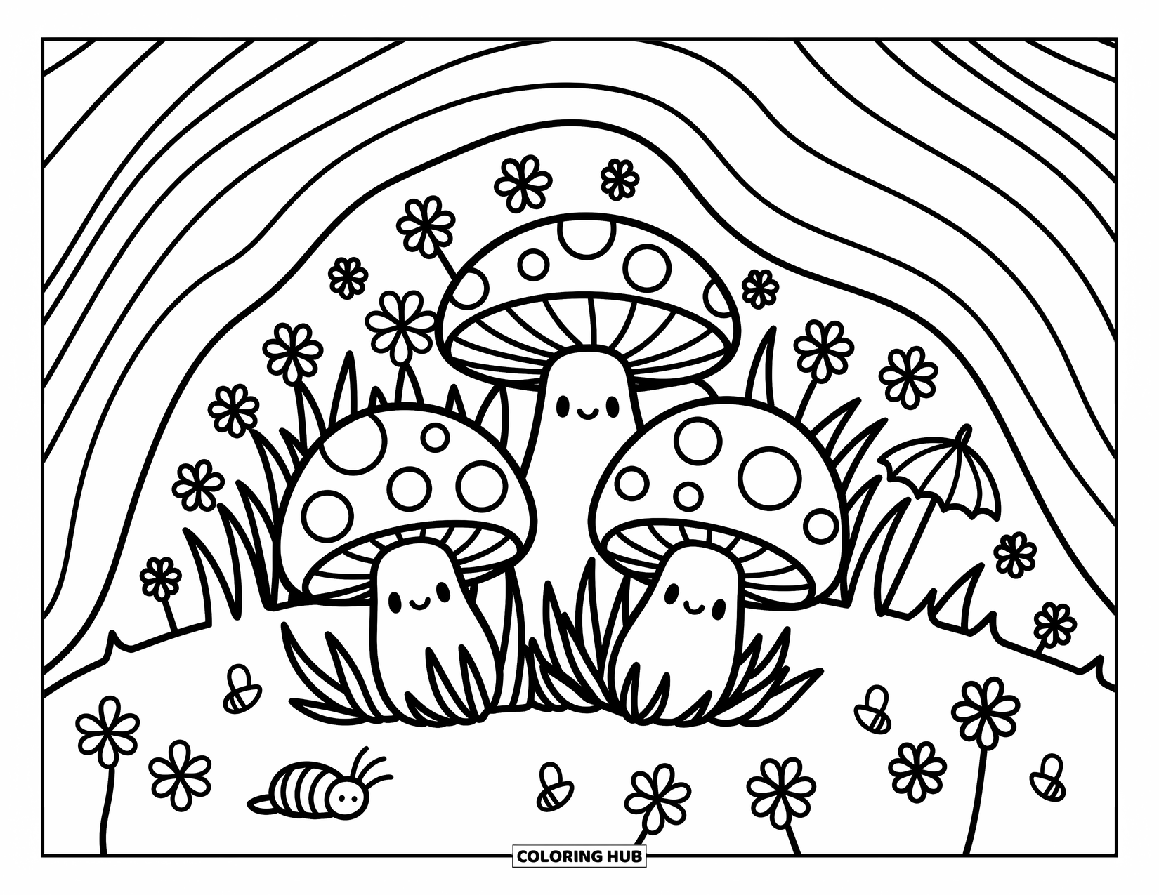 Wildflower Coloring Page for Adults: Mushrooms with wildflowers, bees, and a caterpillar rest under a cozy curved log
