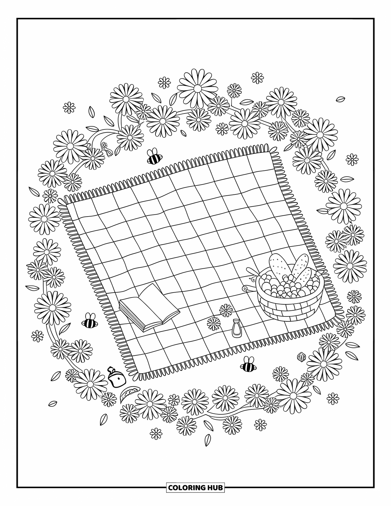 Wildflower Coloring Page for Adults: Picnic blanket on soft grass with flowers, a book, basket, and fluttering bees