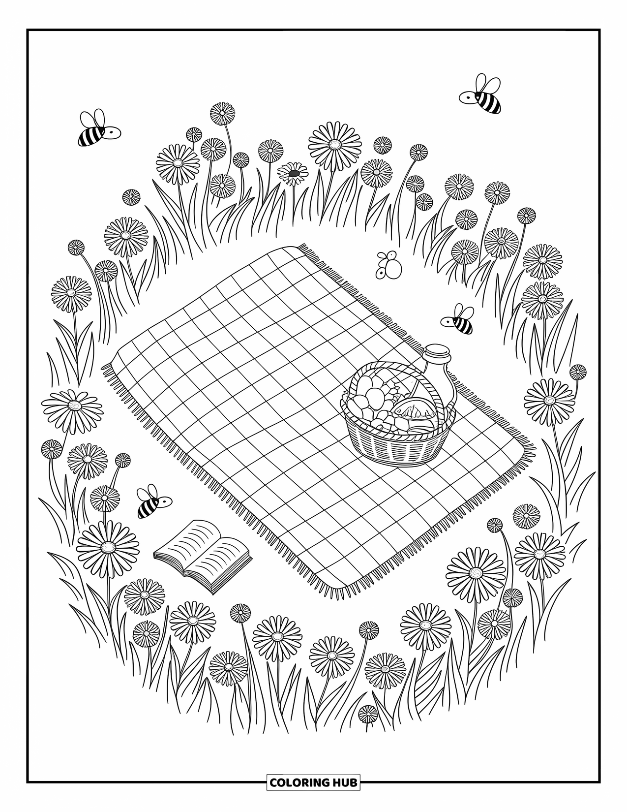 Wildflower Coloring Page for Adults: Picnic scene with a basket, book, and wildflowers surrounded by gentle flying bugs