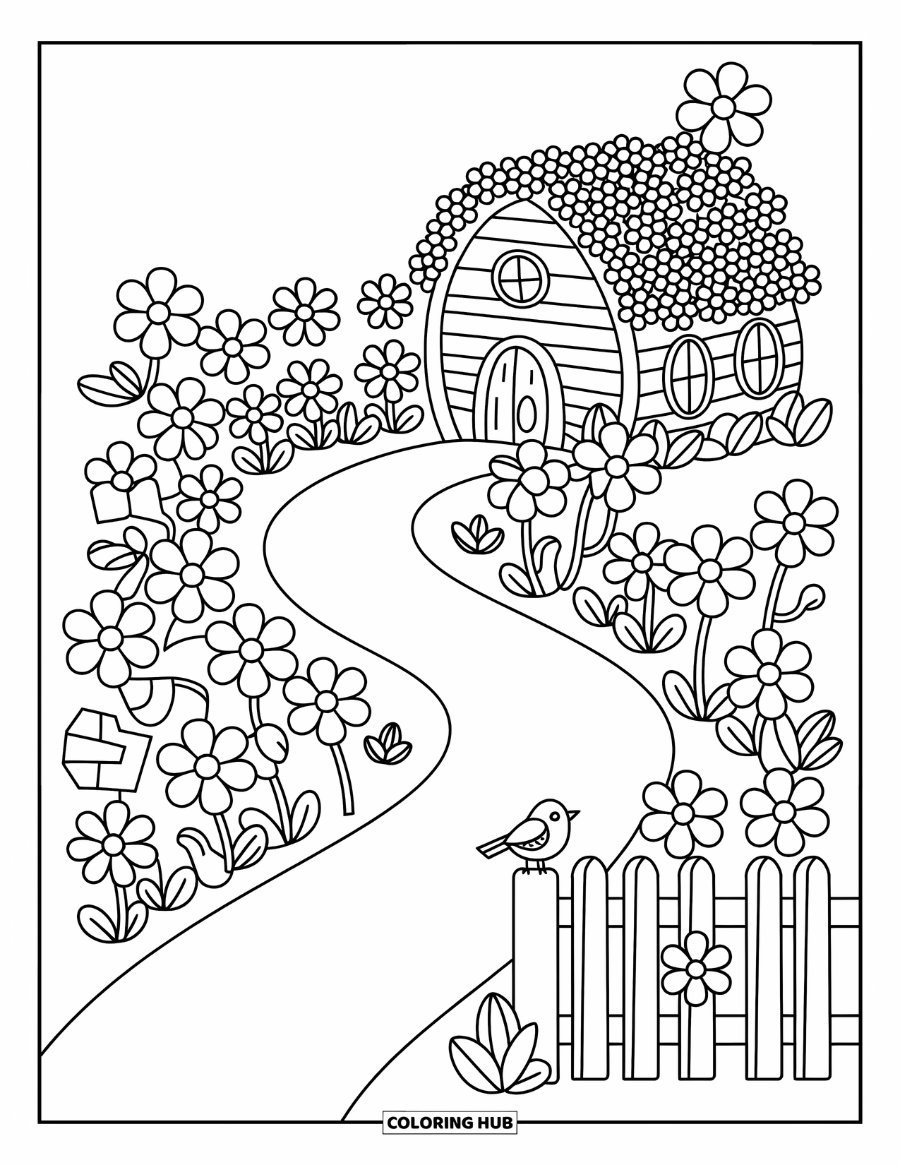 Wildflower Coloring Page for Adults: Round cottage with a curvy path, tiny sign, bird, and blooming wildflowers