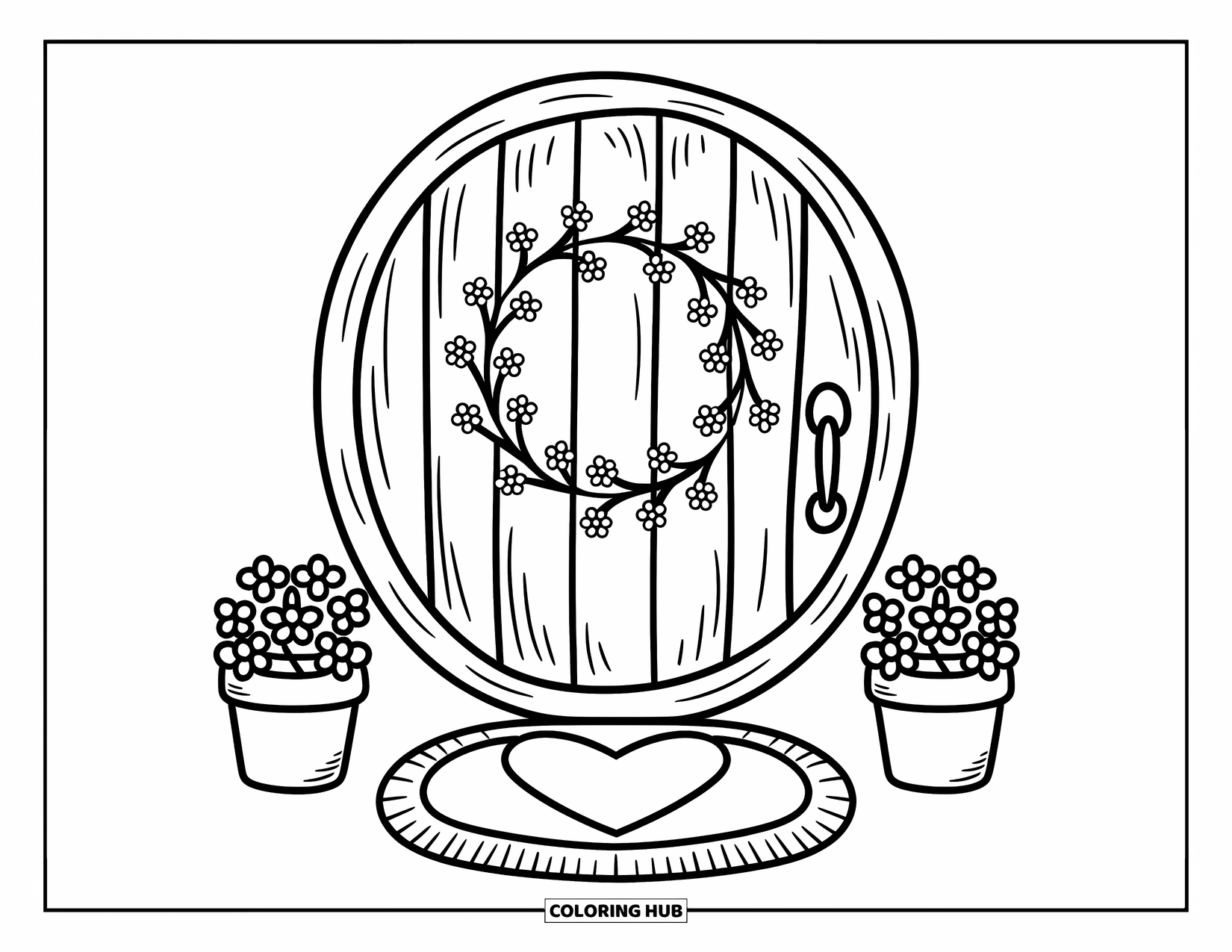 Wildflower Coloring Page for Adults: Round door with a wildflower wreath, heart-shaped mat, and two cheerful flower pots