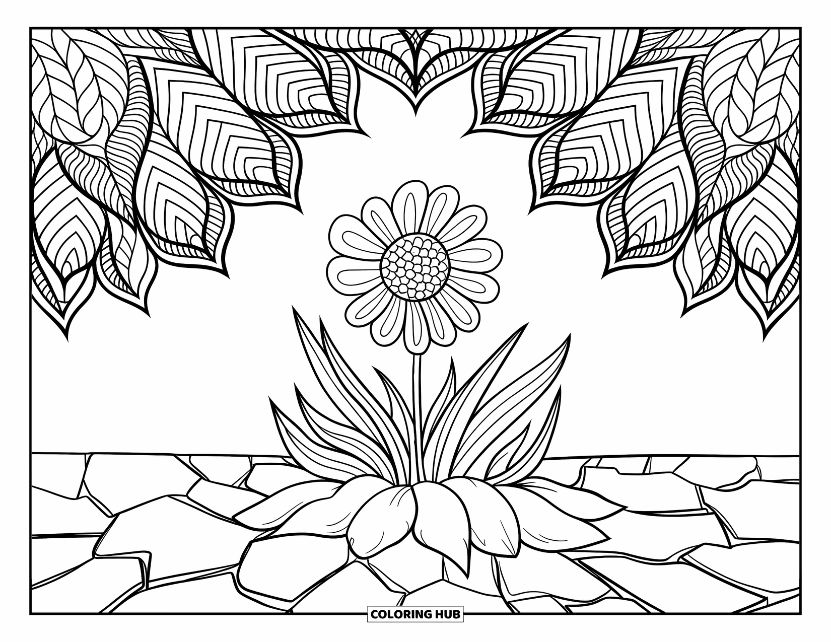 Wildflower Coloring Page for Adults: Single wildflower rises from cracked earth and layered leaf mandalas