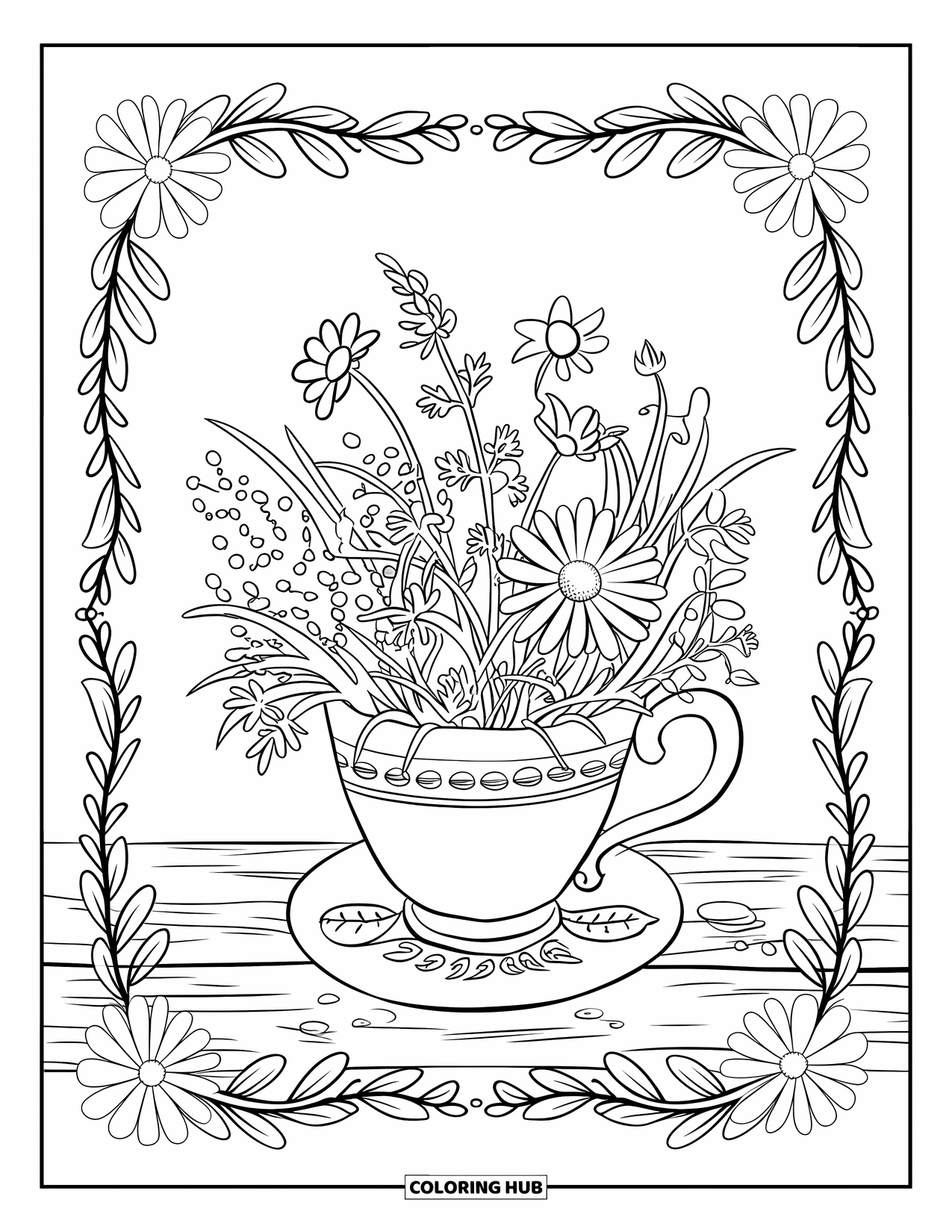 Wildflower Coloring Page for Adults: Teacup filled with wildflowers sits inside a leafy border