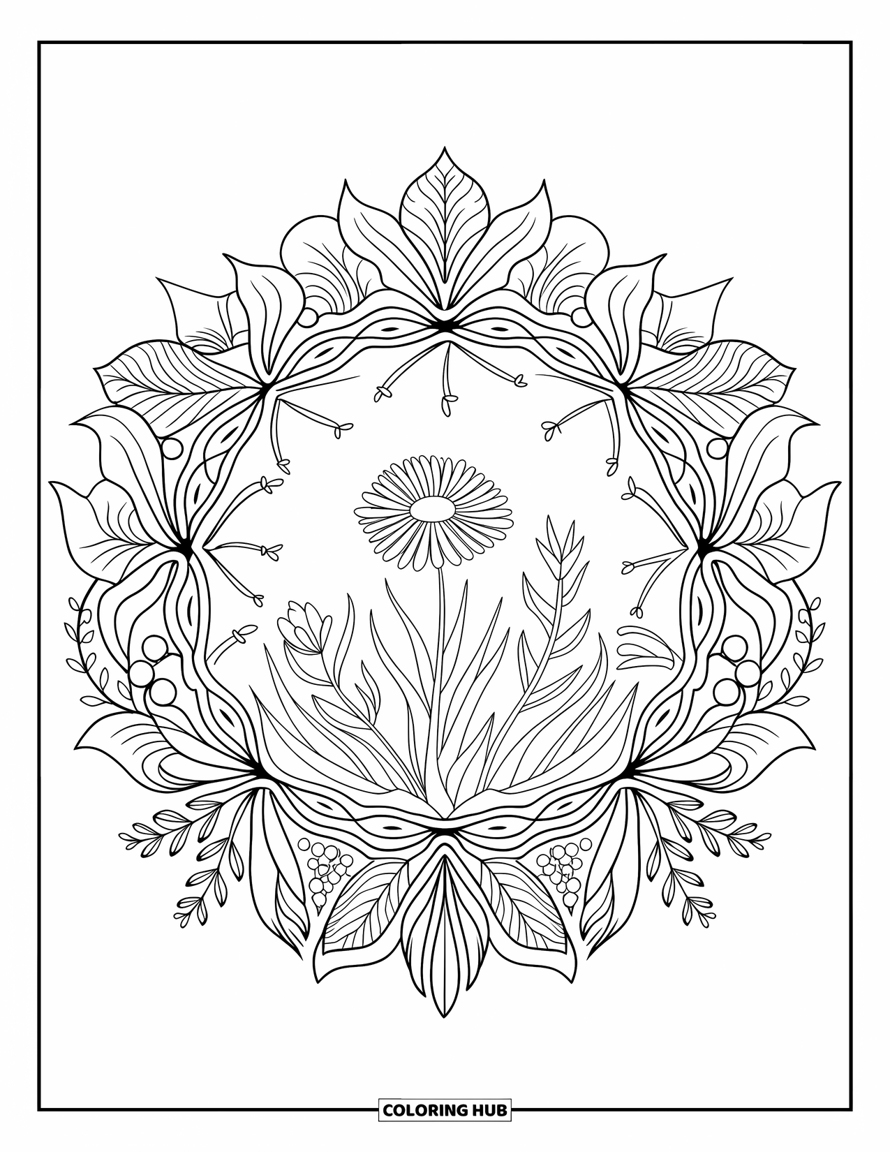 Wildflower Coloring Page for Adults: Wildflower at the center of a circular leaf-and-vine mandala