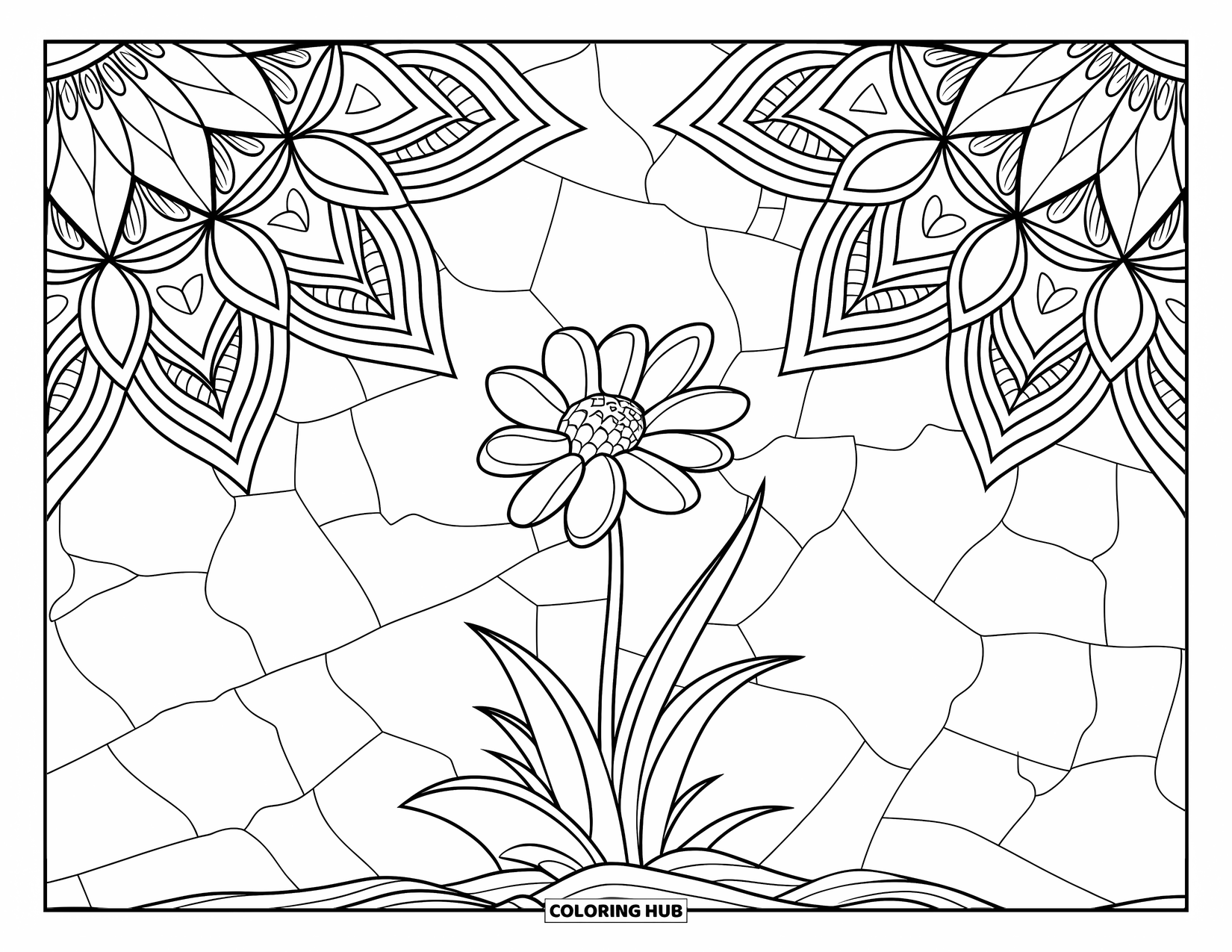 Wildflower Coloring Page for Adults: Wildflower blooms from cracked soil, surrounded by intricate leaf mandalas