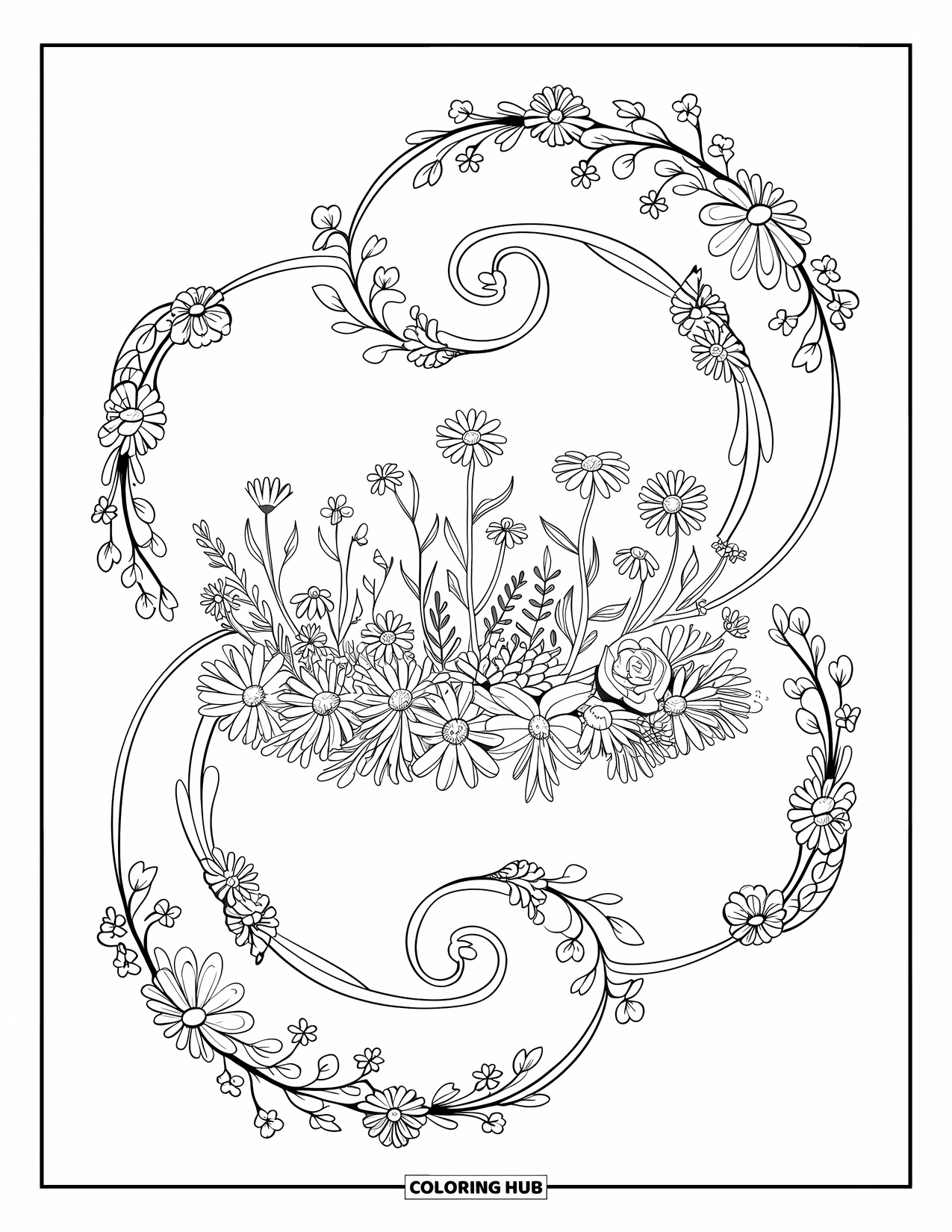 Wildflower Coloring Page for Adults: Wildflower crown surrounded by detailed swirling mandala lines
