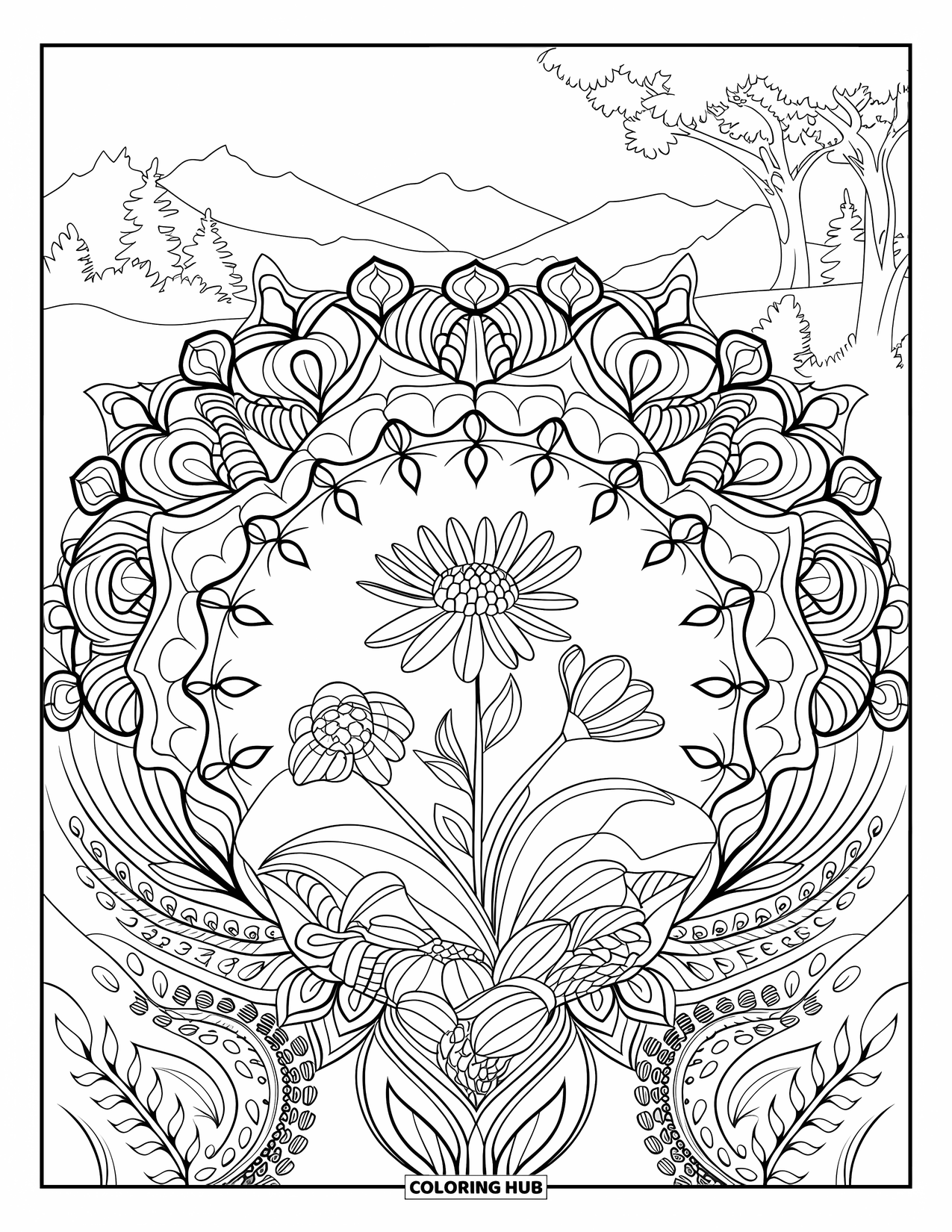 Wildflower Coloring Page for Adults: Wildflower in a mandala with vines, flowers, and a mountain view