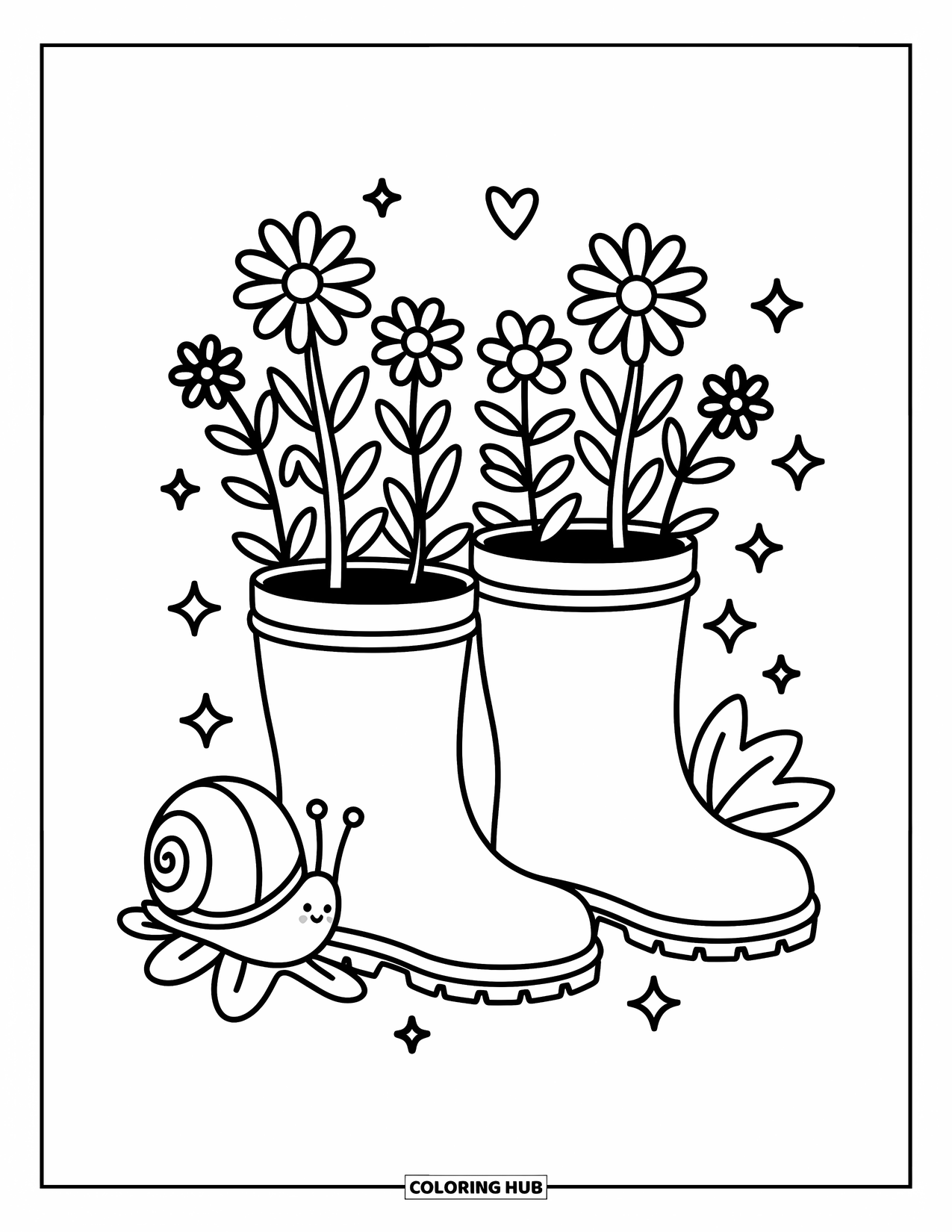 Wildflower Coloring Page for Adults: Wildflowers bloom from rain boots while a snail rests on a nearby leaf