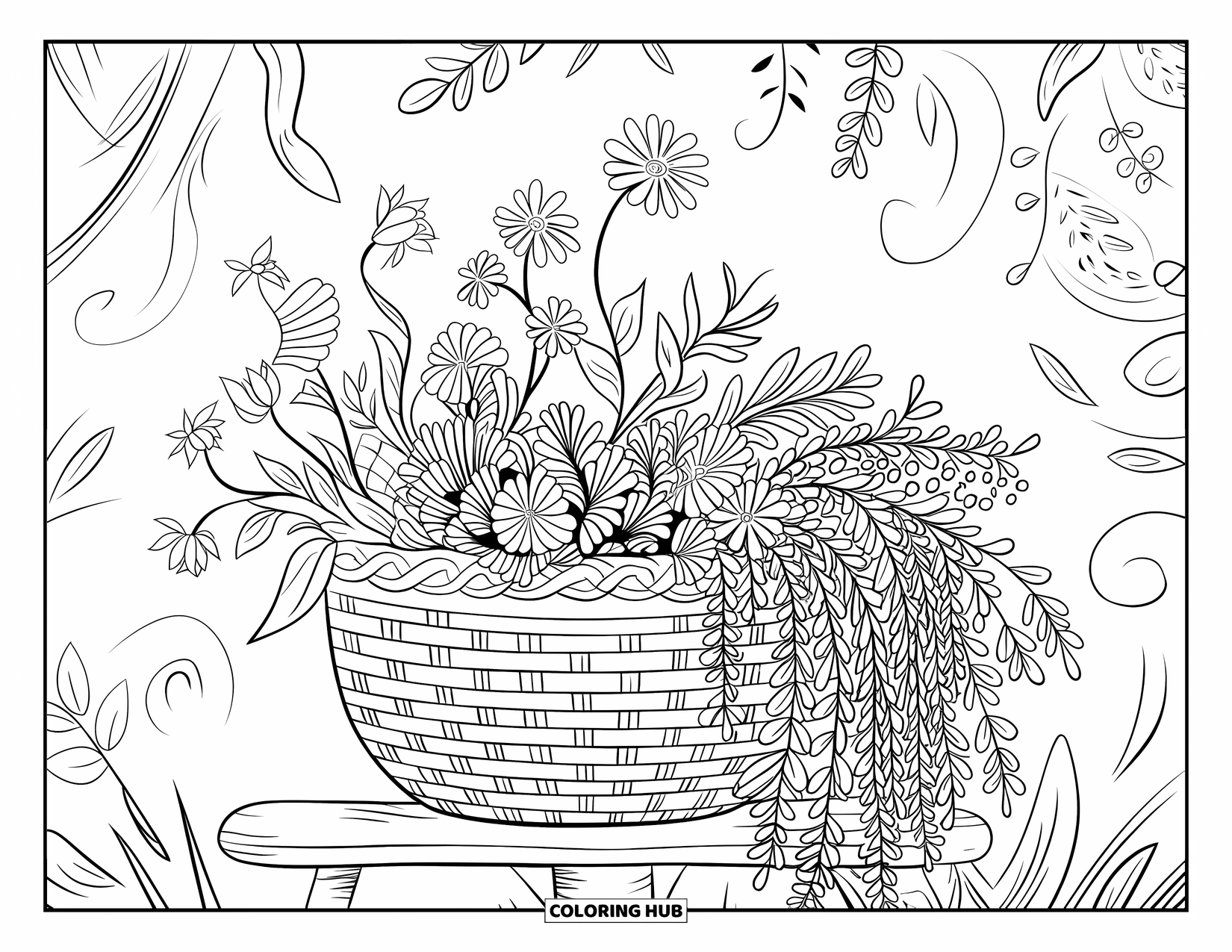 Wildflower Coloring Page for Adults: Wildflowers cascade from a woven basket surrounded by swirling botanical patterns