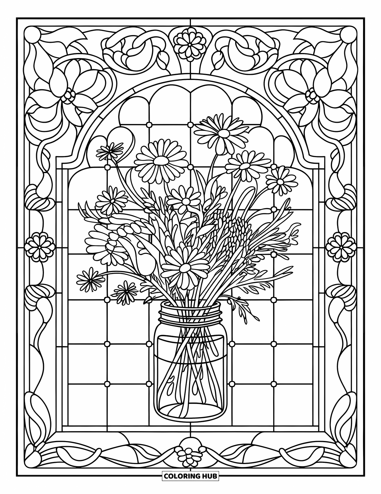 Wildflower Coloring Page for Adults: Wildflowers in a mason jar framed by stained glass and floral patterns