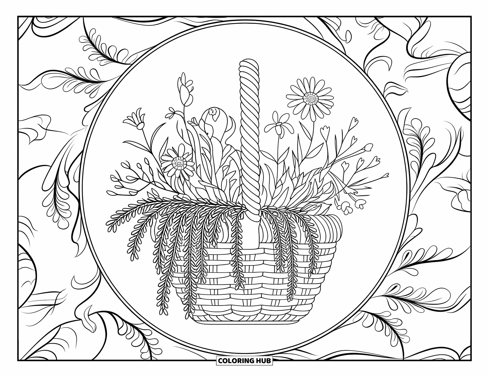 Wildflower Coloring Page for Adults: Wildflowers spill from a basket within a circle of swirling patterns