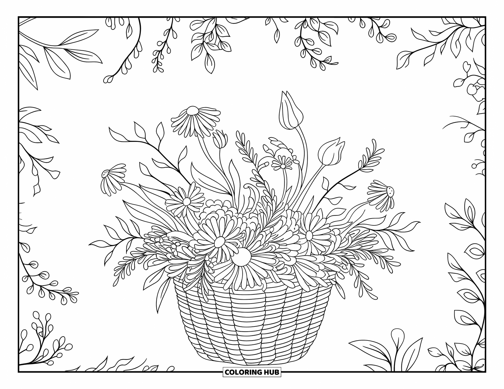 Wildflower Coloring Page for Adults: Woven basket overflows with flowers and swirling designs around it