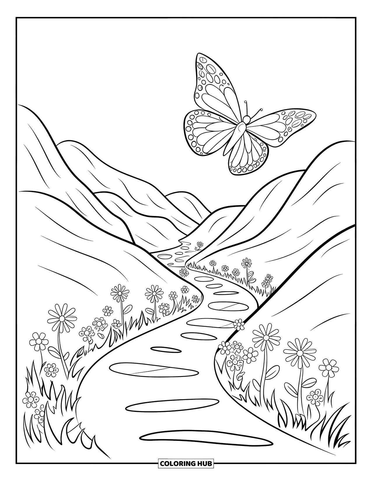 Wildflower Coloring Page for Kids: A butterfly soars above a gentle path lined with small wildflowers