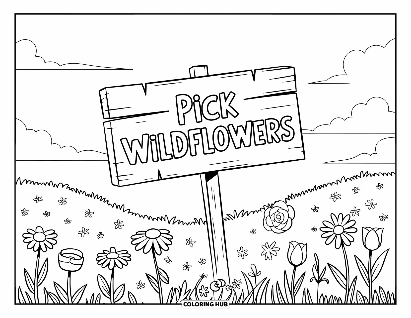 Wildflower Coloring Page for Kids: A meadow of daisies, roses, and tulips with a ìPick Wildflowersî sign in the middle