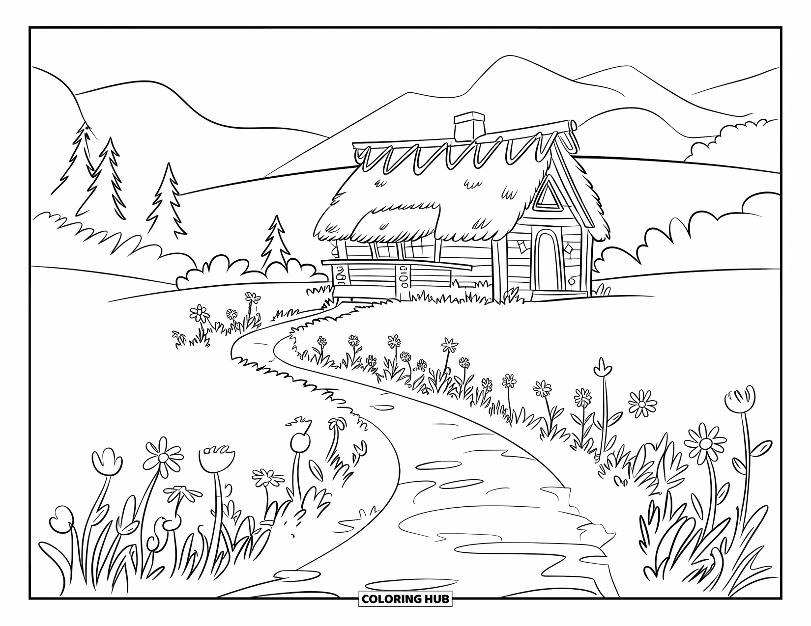 Wildflower Coloring Page for Kids: A peaceful path leads to a small wooden cabin with blooming wildflowers all around